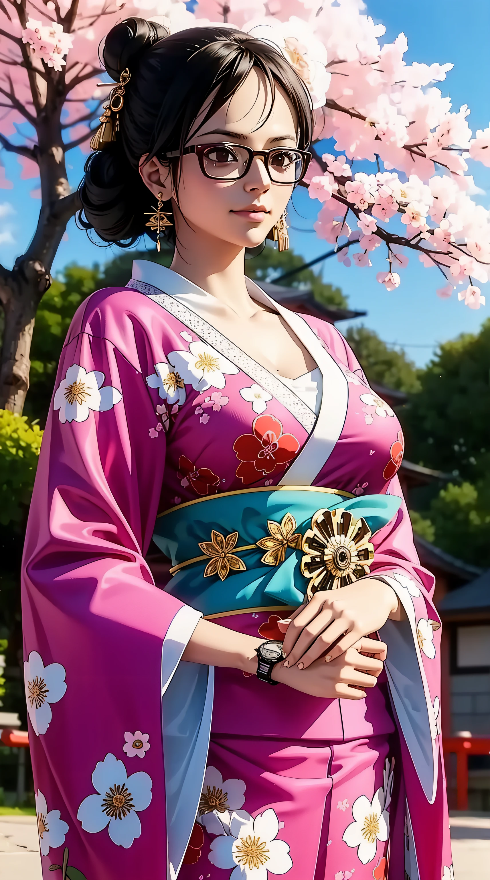 Tashigi, wearing glasses, black hair, hair in a bun, beautiful, beautiful woman, perfect body, perfect breasts, wearing a kimono, wearing earrings, wearing a watch, in the garden, cherry trees, traditional Japanese house, looking at the audience, little smile, realism, masterpiece, textured skin, super detail, high detail, high quality, best quality, 1080p, 16k