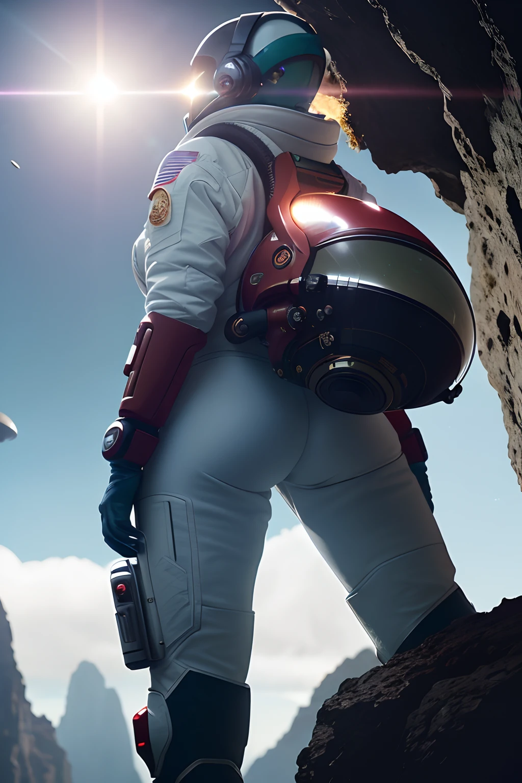 (35mmstyle:1.2), Highly detailed RAW color Photo, Rear Angle, Full Body, of (female space marine, wearing white and red space suit, futuristic helmet, tined face shield, rebreather, accentuated booty), outdoors, (standing on Precipice of tall rocky mountain, looking out at magical lush green rain forest on alien planet), vivid detail, (exotic alien planet), toned body, big butt, (sci-fi), (mountains:1.1), (lush green vegetation), (two moons in sky:0.8), (highly detailed, hyperdetailed, intricate), (lens flare:0.7), (bloom:0.7), particle effects, raytracing, cinematic lighting, shallow depth of field, photographed on a Sony a9 II, 35mm wide angle lens, sharp focus, cinematic film still from Gravity 2013, viewed from behind, dynamic angle