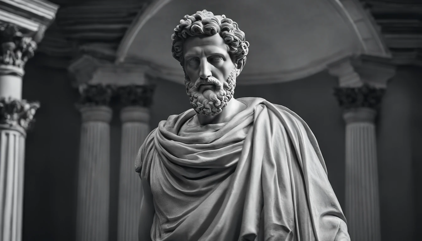 a statue of the stoic Marcus Aurelius in black and white 4K,Face de lado, papel de parede super realista, corpo forte, sem camisa, tronco forte, barriga forte