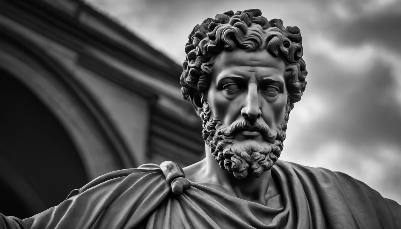 a statue of the stoic Marcus Aurelius in black and white 4K,Face de lado, papel de parede super realista, corpo forte, sem camisa, tronco forte, barriga forte