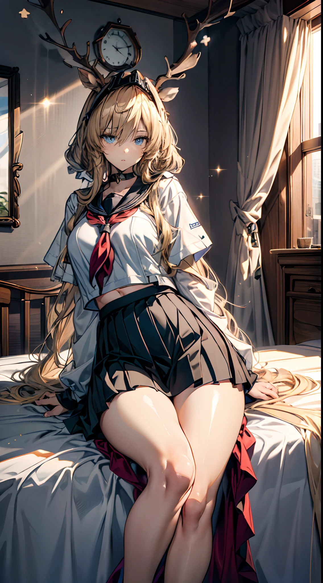 (((Masterpiece))),(incredibly_absurderes),(Best quality),(A high resolution),(Highly detailed),((CG unity 8k wallpaper)),Beautiful illustration、top-quality、 s、Bedroom、Golden hair、long whitr hair、(((pleatedskirt)))、(((a sailor suit)))、short- sleeved、a navel、Pull up the skirt,Bare legged、eBlue eyes、on top of the bed、Lovely thighs、glowing thigh