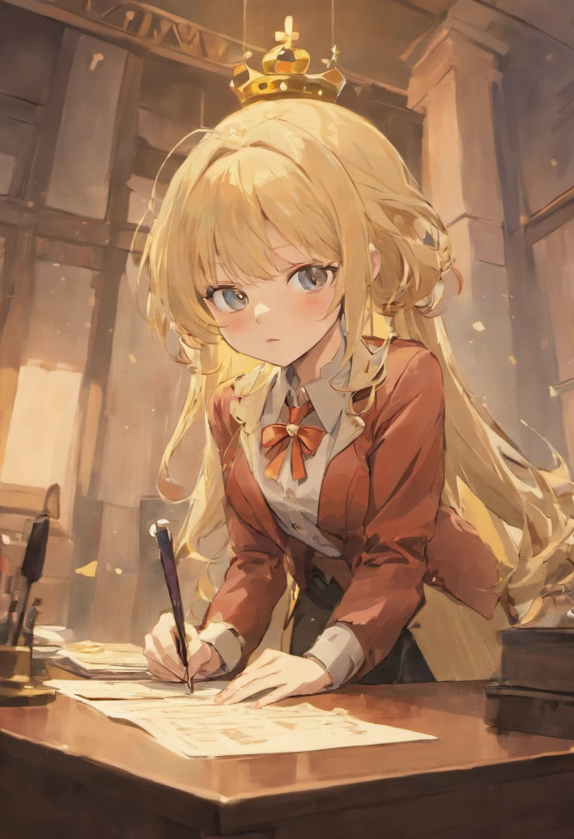 anime girl, 1 person, blonde hair, glasses, crown, children ,women's shirt, suit, tie, office clothes, front view, tights, sitting on desk,exposed chest, underwear, shy, lifting skirt , cute, high heels,loli , (full HD 4K+ image)