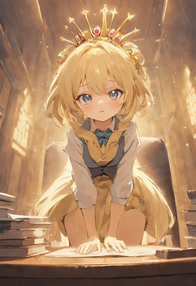 anime girl, 1 person, blonde hair, glasses, crown, children ,women's shirt, suit, tie, office clothes, front view, tights, sitting on desk,exposed chest, underwear, shy, lifting skirt , cute, high heels, , (full HD 4K+ image)