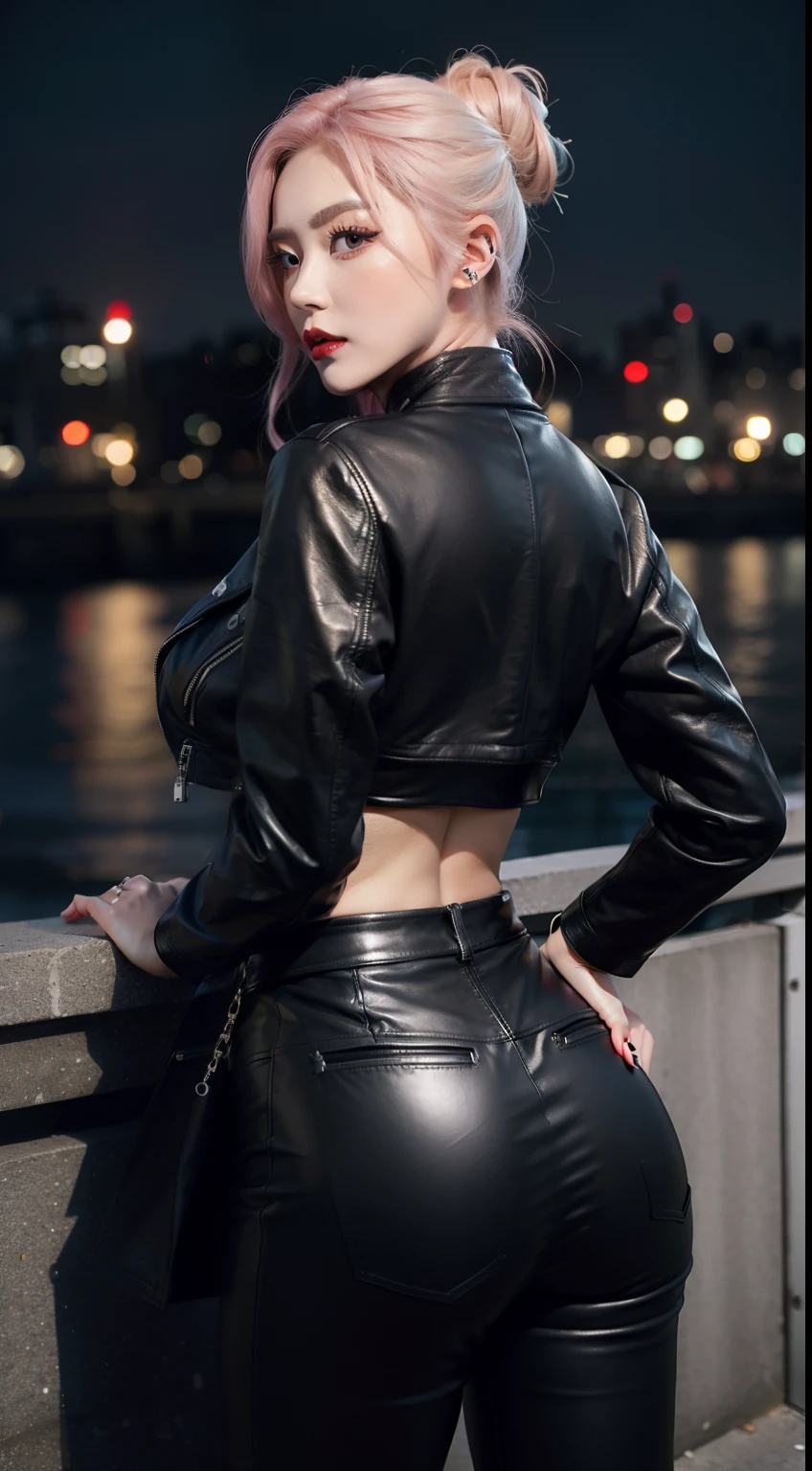 (Masterpiece, BestQuality:1.3), (ultra detailed:1.2), (hyperrealistic:1.3), (RAW photo:1.2),High detail RAW color photo, professional photograph, (Photorealistic:1.4), (realistic:1.4), ,professional lighting, (japanese), beautiful face, (realistic face), cute woman, (Brown Hair, Big Tits:1.5), (cheerful Smile:1.5), Trending Hair&Trending Hairカラーをランダムに, earrings, necklace, bracelet, sexly, erotic sexly, Random sexy gravure poses, (Sexy woman in a black leather skirt and jacket、Back alley of the city、Sharp Eyes、Short Bob、Leaning on the wall with hands on the wall。:1.3)