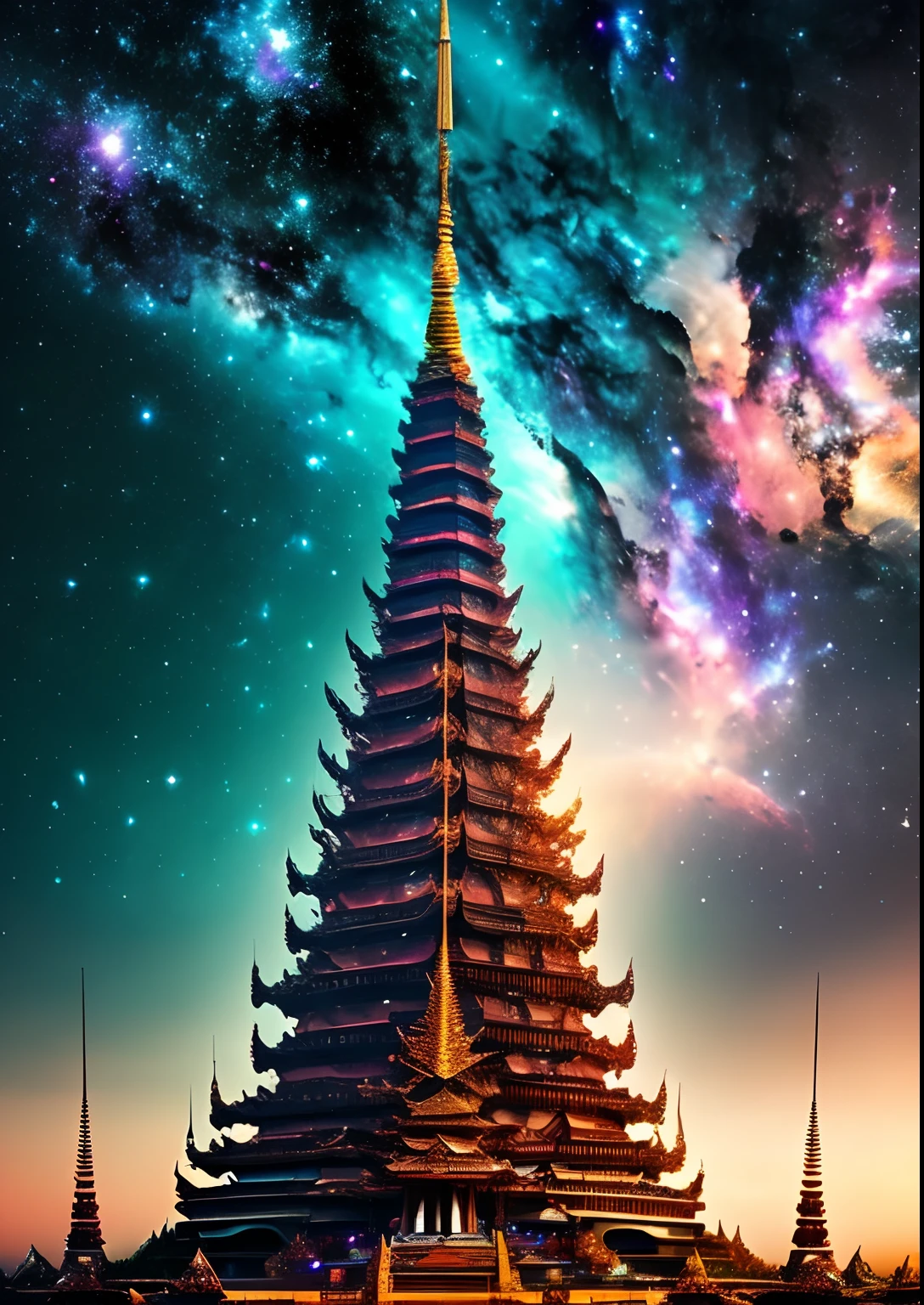 dreamlikeart, galaxy, outer space, nebula, star, [cyberpunked] Thai Pagoda from the Stars (star:1.5),