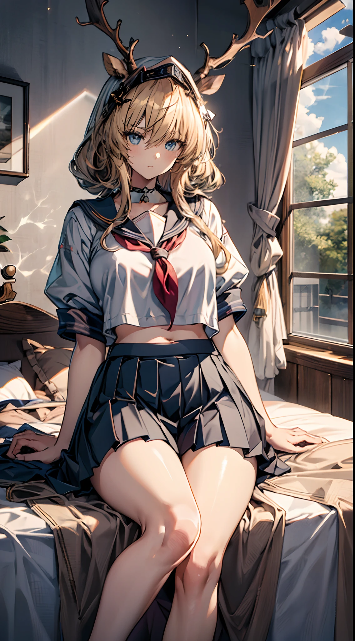 (((Masterpiece))),(incredibly_absurderes),(Best quality),(A high resolution),(Highly detailed),((CG unity 8k wallpaper)),Beautiful illustration、top-quality、Cute little girl s、Bedroom、Golden hair、long whitr hair、(((pleatedskirt)))、(((a sailor suit)))、short- sleeved、a navel、Pull up the skirt,Bare legged、eBlue eyes、on top of the bed、Lovely thighs、glowing thigh