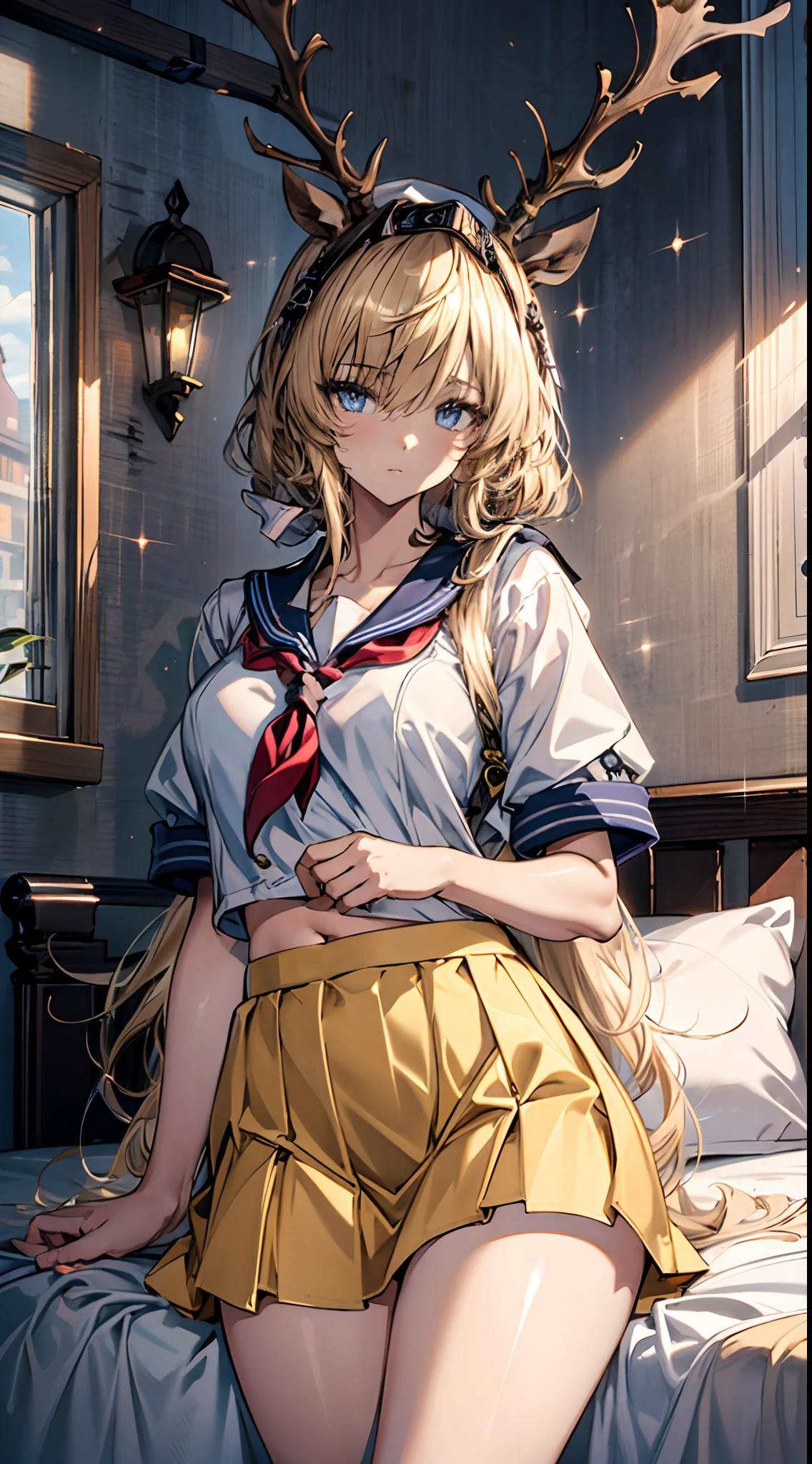 (((Masterpiece))),(incredibly_absurderes),(Best quality),(A high resolution),(Highly detailed),((CG unity 8k wallpaper)),Beautiful illustration、top-quality、Cute little girl s、Bedroom、Golden hair、long whitr hair、(((pleatedskirt)))、(((a sailor suit)))、short- sleeved、a navel、Pull up the skirt,Bare legged、eBlue eyes、on top of the bed、Lovely thighs、glowing thigh