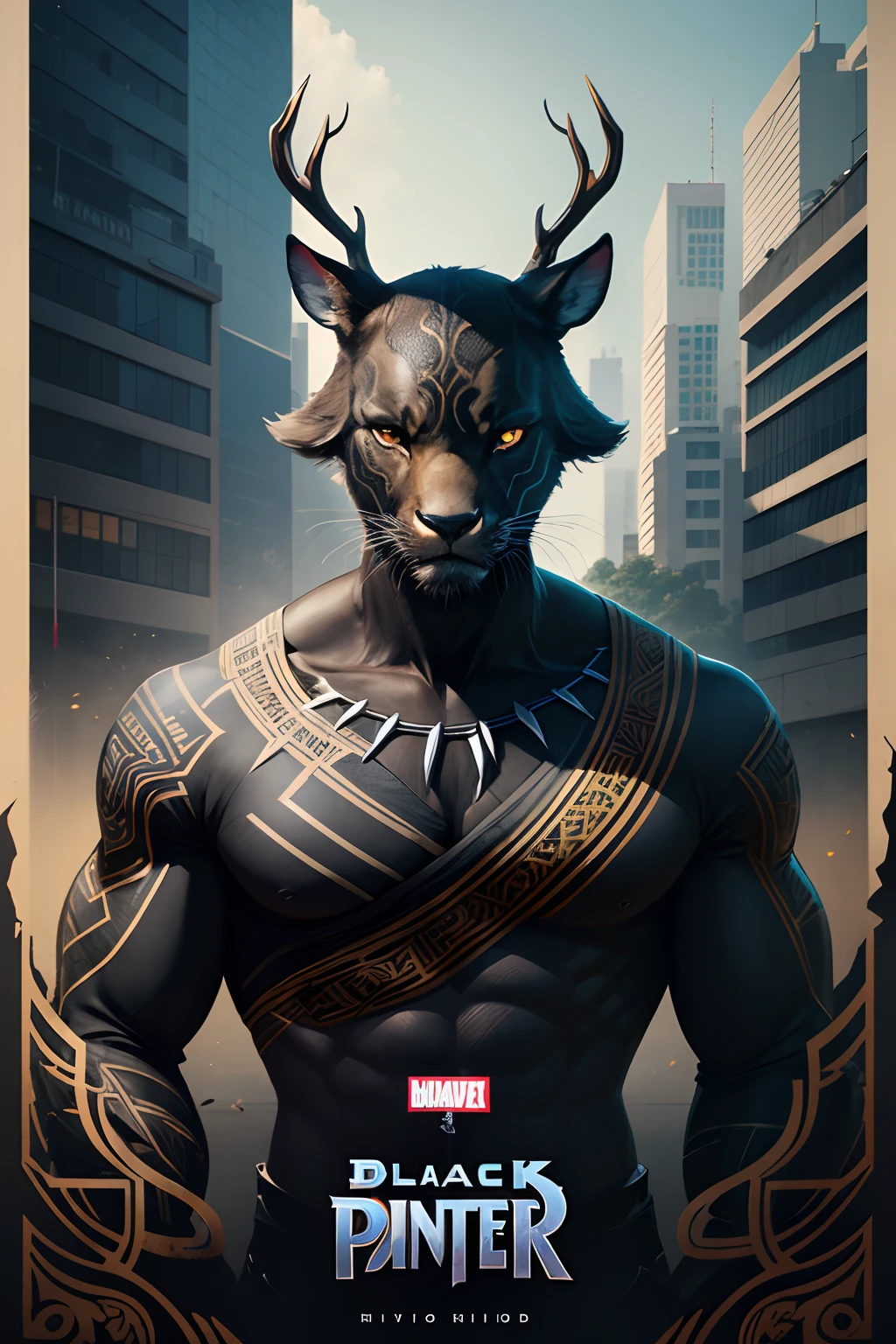 deer infects Black Panther comics high detail, ultra realistic, 8k, ukiyo-e, conceptual art, wildlife photography, portrait photography, graffiti, vibrant, dark fantasy, architecture, anime, illustration, product, fashion, cinematic, typography, 3d render, poster, photo.