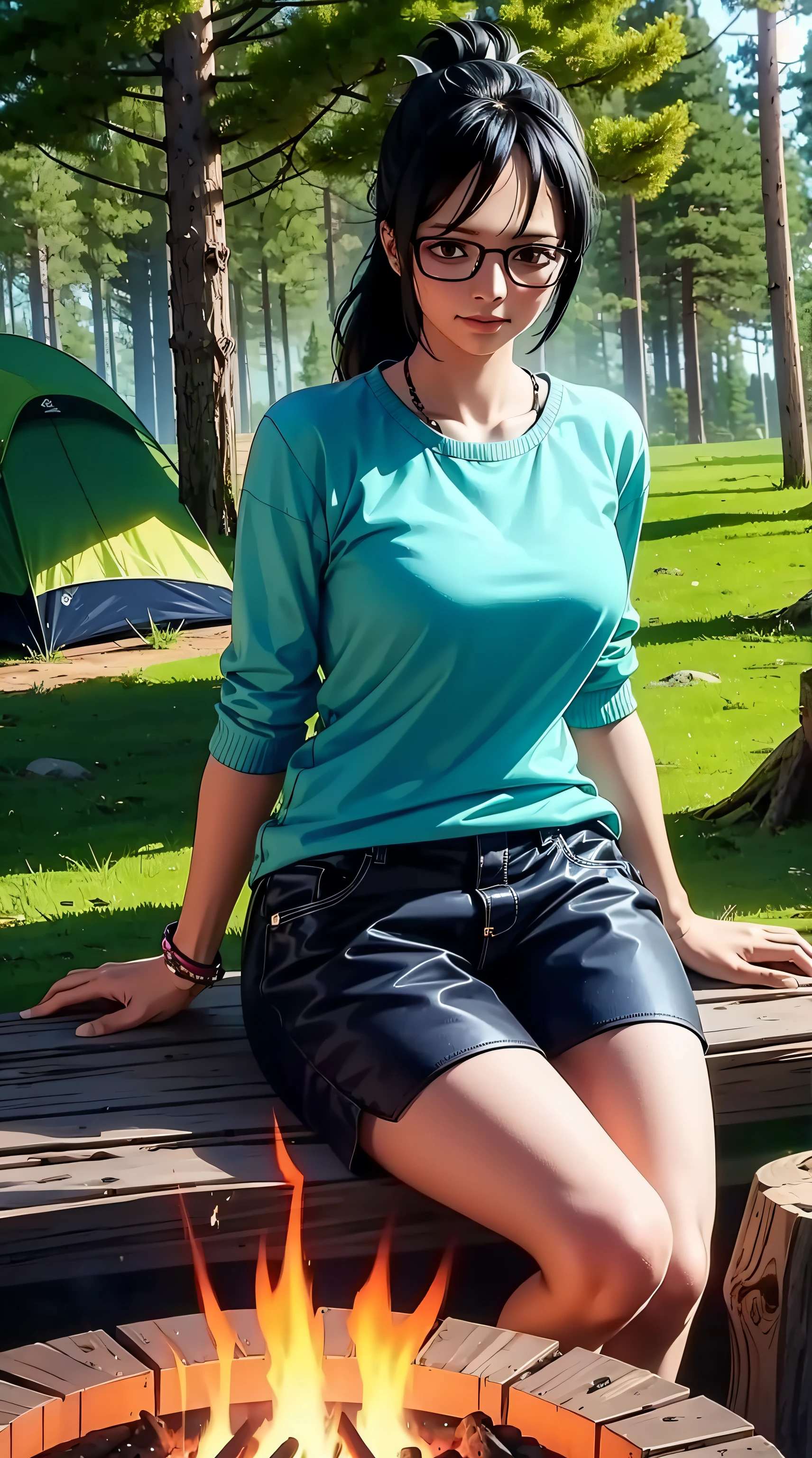 Tashigi, wearing glasses, long hair, black hair, ponytail, ponytail, sitting on a log, beautiful, beautiful woman, perfect body, perfect breasts, wearing a sweater, in the forest, camping, camping tent, trees, night, nighttime, campfire, looking at the viewer, slight smile, realism, masterpiece, textured skin, super detail, high detail, high quality, best quality, 1080p, 16k