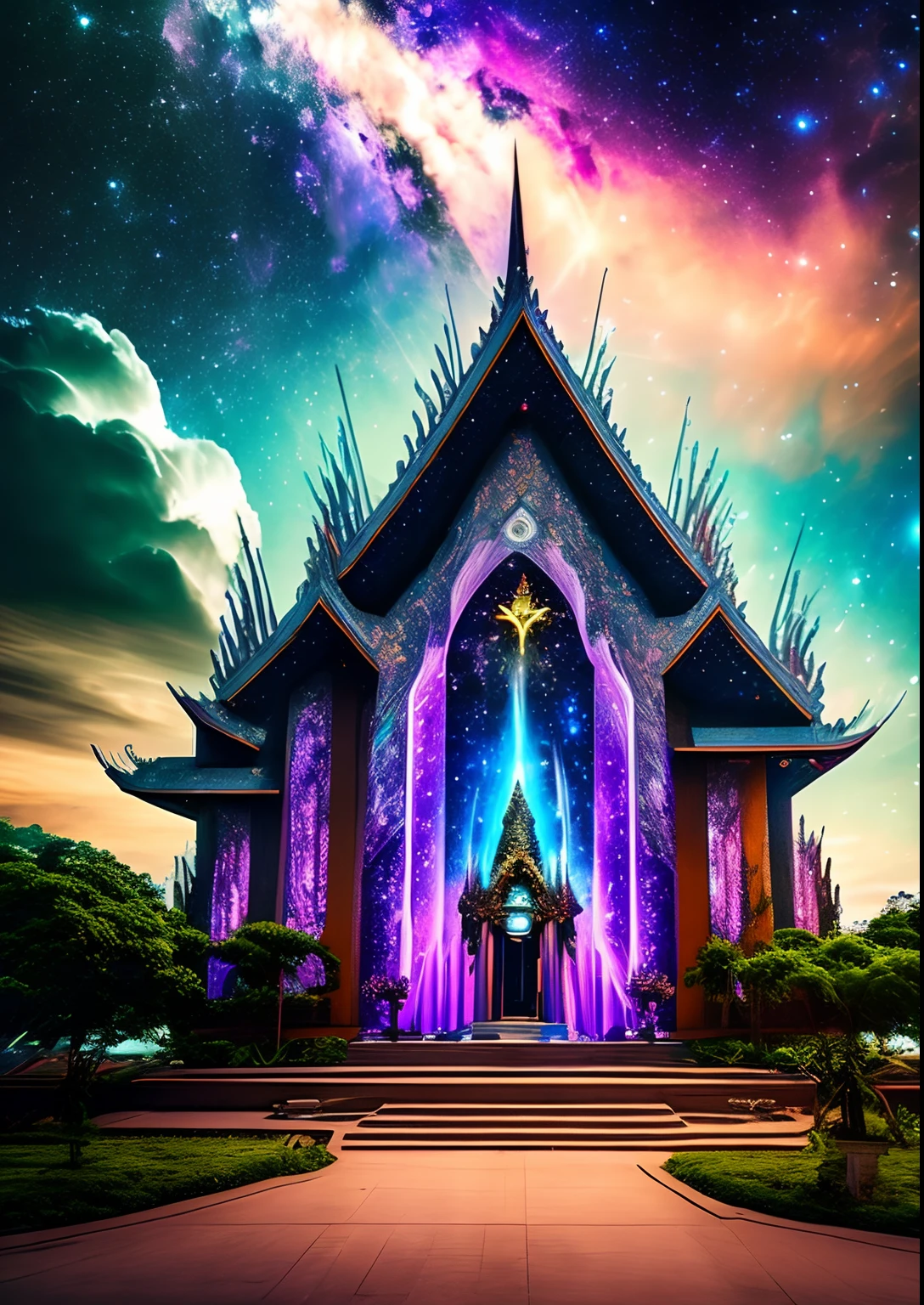 dreamlikeart, galaxy, outer space, nebula, star, [cyberpunked] Thai Church from the Stars (star:1.5),