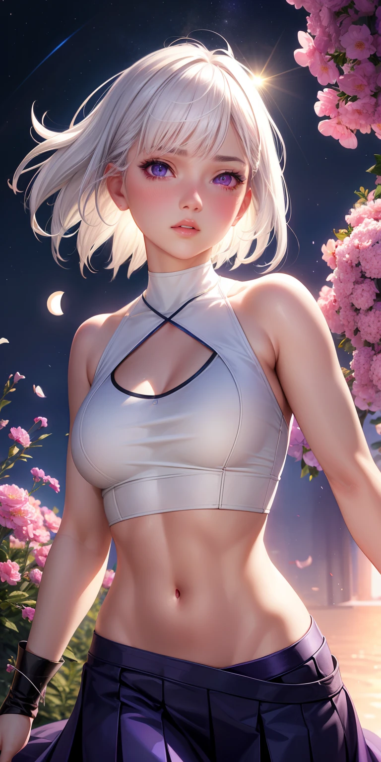 realistic, 1girl, white hair, purple eyes, glowing eyes, crop top, skirt, parted lips, blush, night, flowers, sun, sunlight,