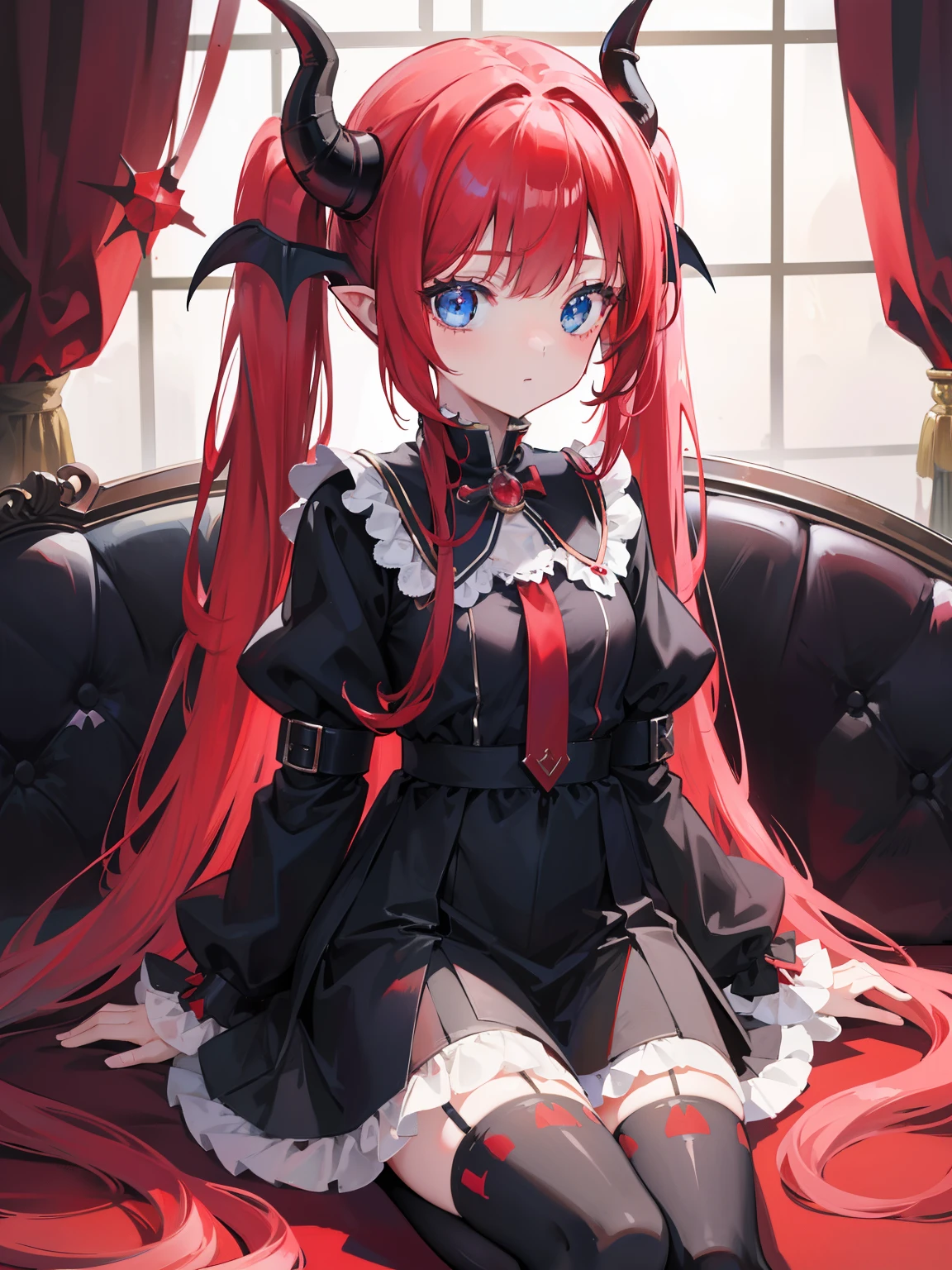 red hair,blue eyes,twintails, long hair, solo, loli, black stockings,{{best quality}}, {{masterpiece}}, {{ultra-detailed}}, {illustration}, {detailed light}, {an extremely delicate and beautiful},,cute,Succubus, demon,horns