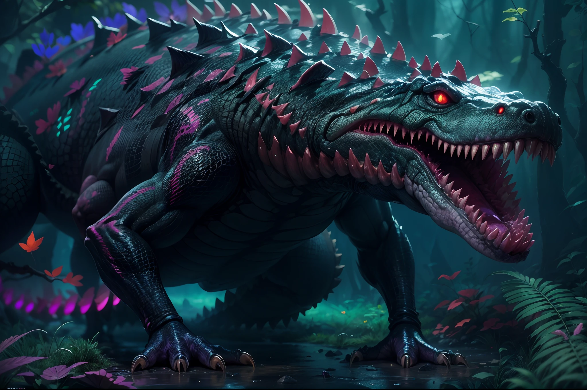 Full body Image of a extraterrestrial life, a two tails giant crocodile, each head have different color, colorful shiny scale cover it's whole body, sharp long thorn run through it's back, crawling inside an alien forest, strange looking purple leaf, red eyes, razor teeth, sharp long fang, vile looking, Detailed,Realistic,4k highly detailed digital art,octane render, bioluminescent, 8K resolution concept art, realism,by Mappa studios,masterpiece,best quality,official art,illustration,ligne claire,(cool_color),perfect composition,absurdres, fantasy,focused