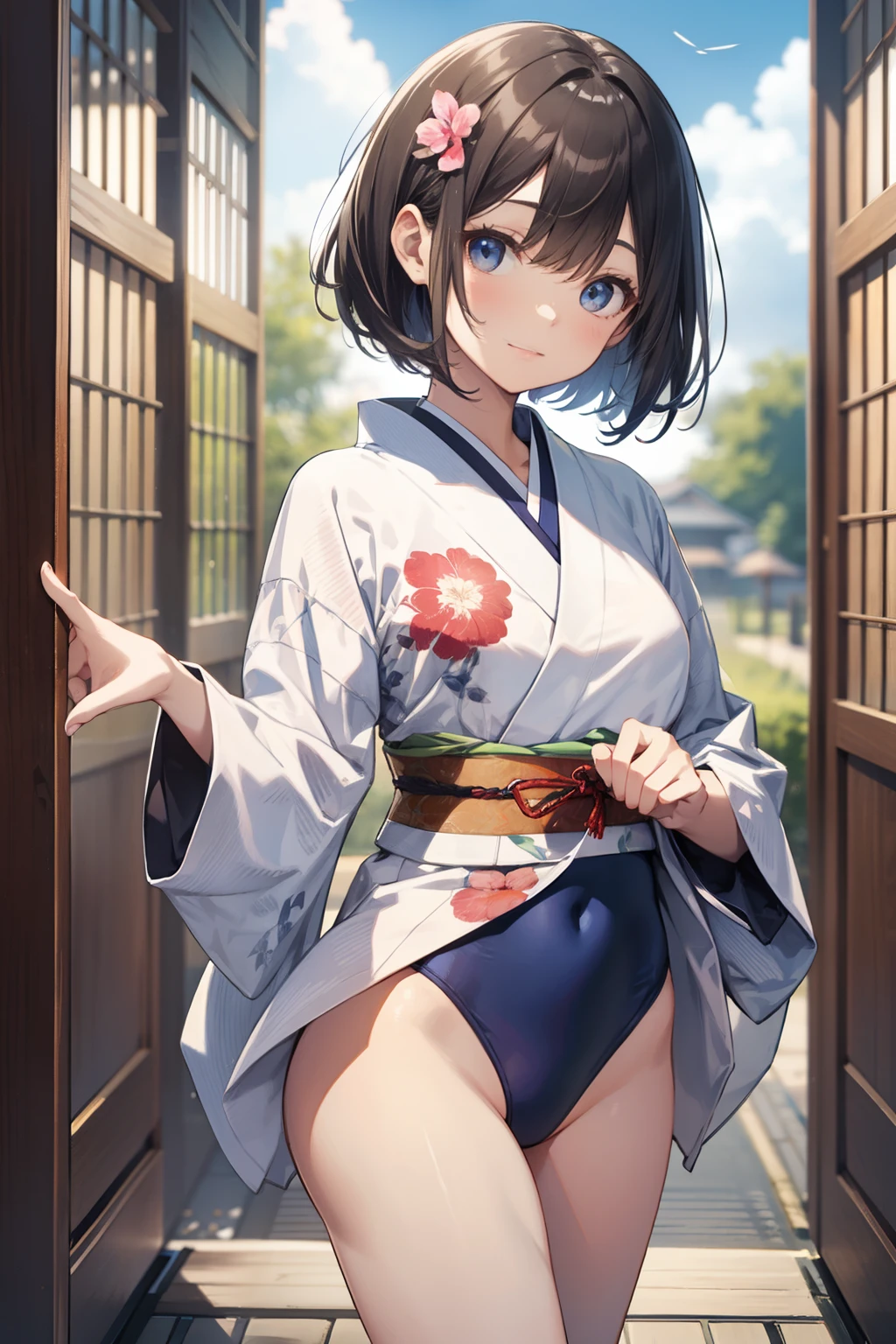 top-quality、Full limbs、complete fingers、Slender beauty、bob cuts、hime-cut、White Shousk swimsuit、Sukusui、Small eyes、Flying in the sky、mid air、Japanese pattern、japanese-inspired、No kimono