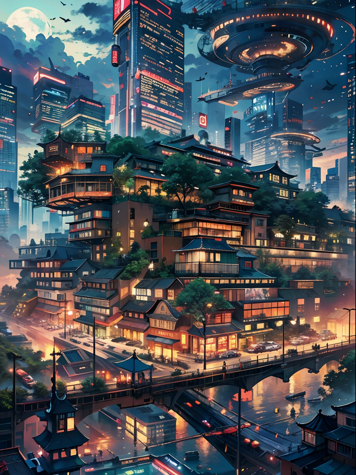 Very large flying ship、Lots of clouds,heavy fog、starrysky、Moon,Chaotic city of the future、Movie dystopia、A group of very tall skyscrapers stands in the center、Very complex cityscape,Crowded Chinese skyscrapers、street signs、streetlights、taxis、buses、Train、Pretty dim lighting、Dark road、puddles、Chaotic、Beautiful and fantastic scenery、Cinematic scenery、hightquality、masutepiece,in 8K、hight resolution、