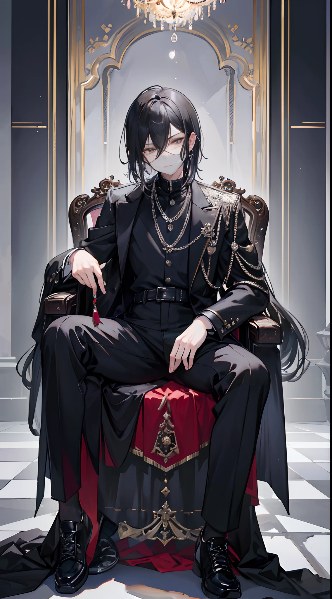 A black-haired boy wearing a silver mask sits on a royal wooden chair encrusted with rubies,Black shirt,Black trousers,Black sneakers,Silver mask