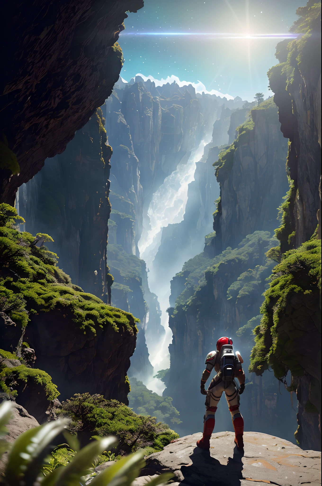 (35mmstyle:1.2), Highly detailed RAW color Photo, Rear Angle, Full Body, of (female space marine, wearing white and red space suit, futuristic helmet, tined face shield, rebreather, accentuated booty), outdoors, (standing on Precipice of tall rocky mountain, looking out at magical lush green rain forest on alien planet), vivid detail, (exotic alien planet), toned body, big butt, (sci-fi), (mountains:1.1), (lush green vegetation), (two moons in sky:0.8), (highly detailed, hyperdetailed, intricate), (lens flare:0.7), (bloom:0.7), particle effects, raytracing, cinematic lighting, shallow depth of field, photographed on a Sony a9 II, 35mm wide angle lens, sharp focus, cinematic film still from Gravity 2013, viewed from behind, dynamic angle