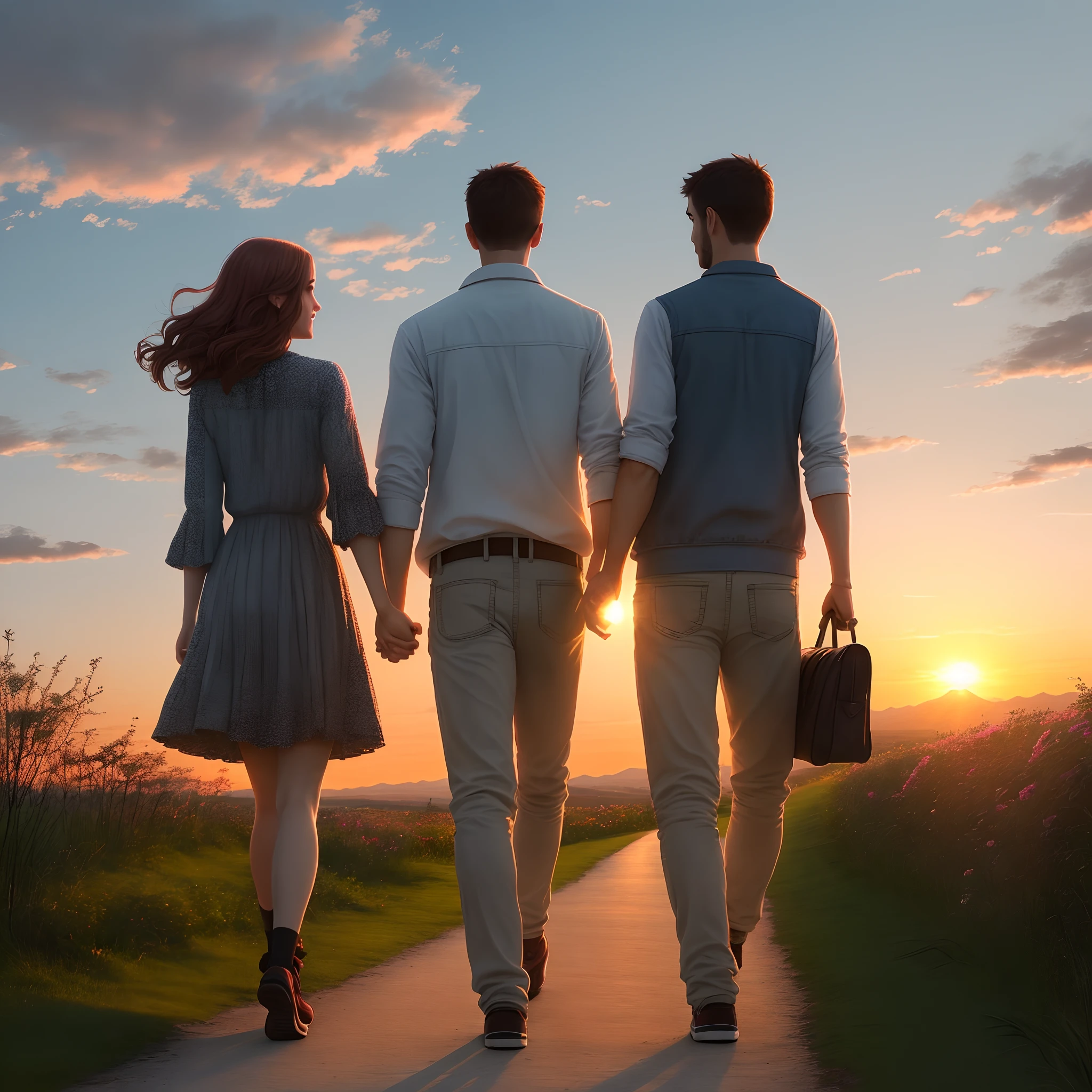 Couple at sunset,Walk side by side,Beautiful,Country paths,