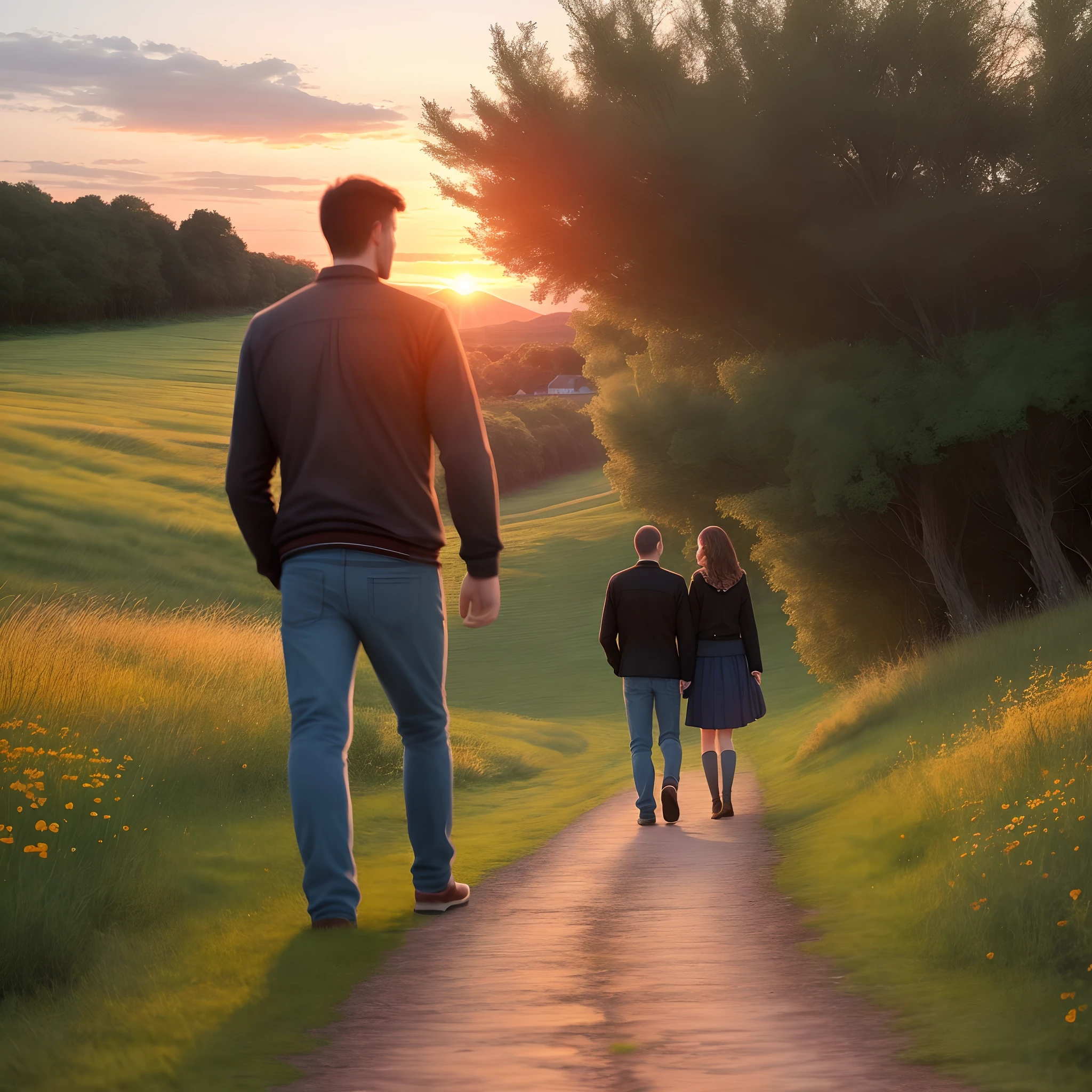 Couple at sunset,Walk side by side,Beautiful,Country paths,