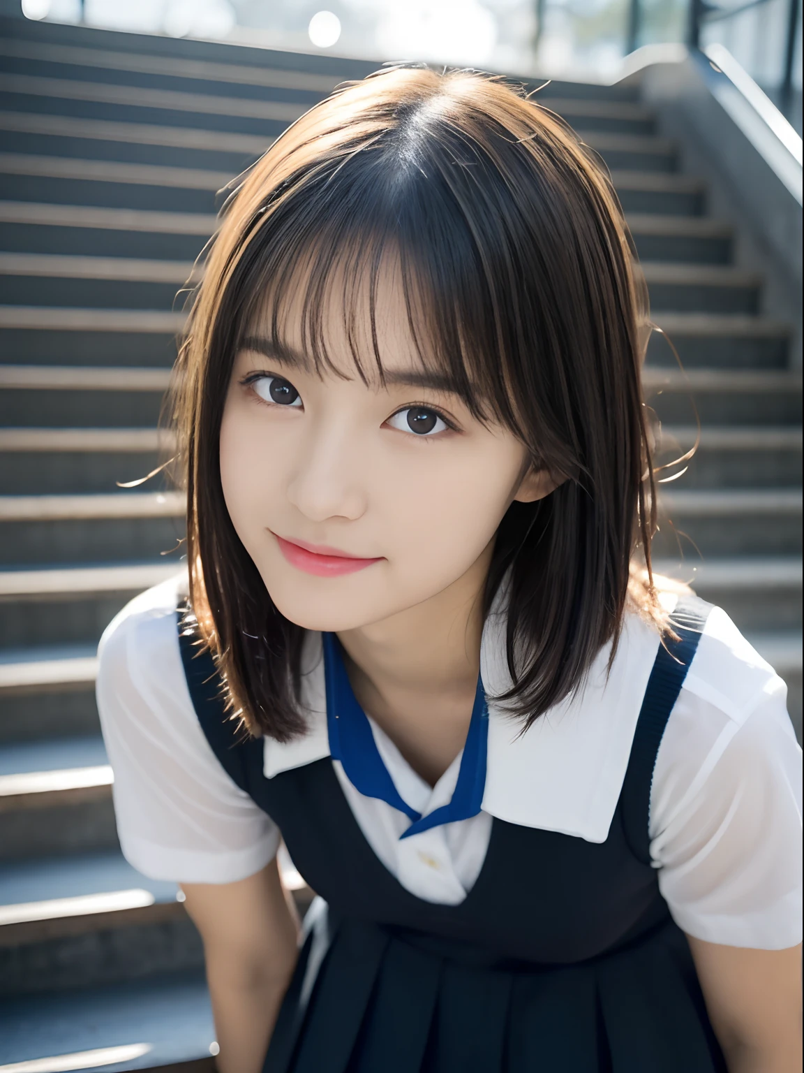 Masterpiece、Raw photography、(((Ultimate Beauty Portrait)))、((glistning skin))、close mouth、no mask、dark brown eye、、highschol、age 15、natake、short bob、((masterpiece、top-quality、ultra-detailliert、intricate-detail、hight resolution、highly detailed))、8KUHD、Digital SLR、Soft light、high quality 、Shallow depth of field、natural soft light、Squatting, Shy smile , Beautiful skin, ((of the highest quality, 16 K, masterpiece: 1.3)), 1 girl, Light on Face, hyper detailed face, very detailed lips, Detailed eyes、real looking skin、(cotton white panties:1.3)、Skirt lifting、skirt lift、spread legs、white dressed shirts、school student uniform、white shirts、pleated skirt、