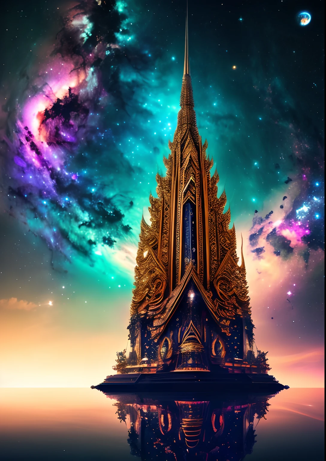 dreamlikeart, galaxy, outer space, nebula, star, [cyberpunked] Thai Pagoda from the Stars (star:1.5),