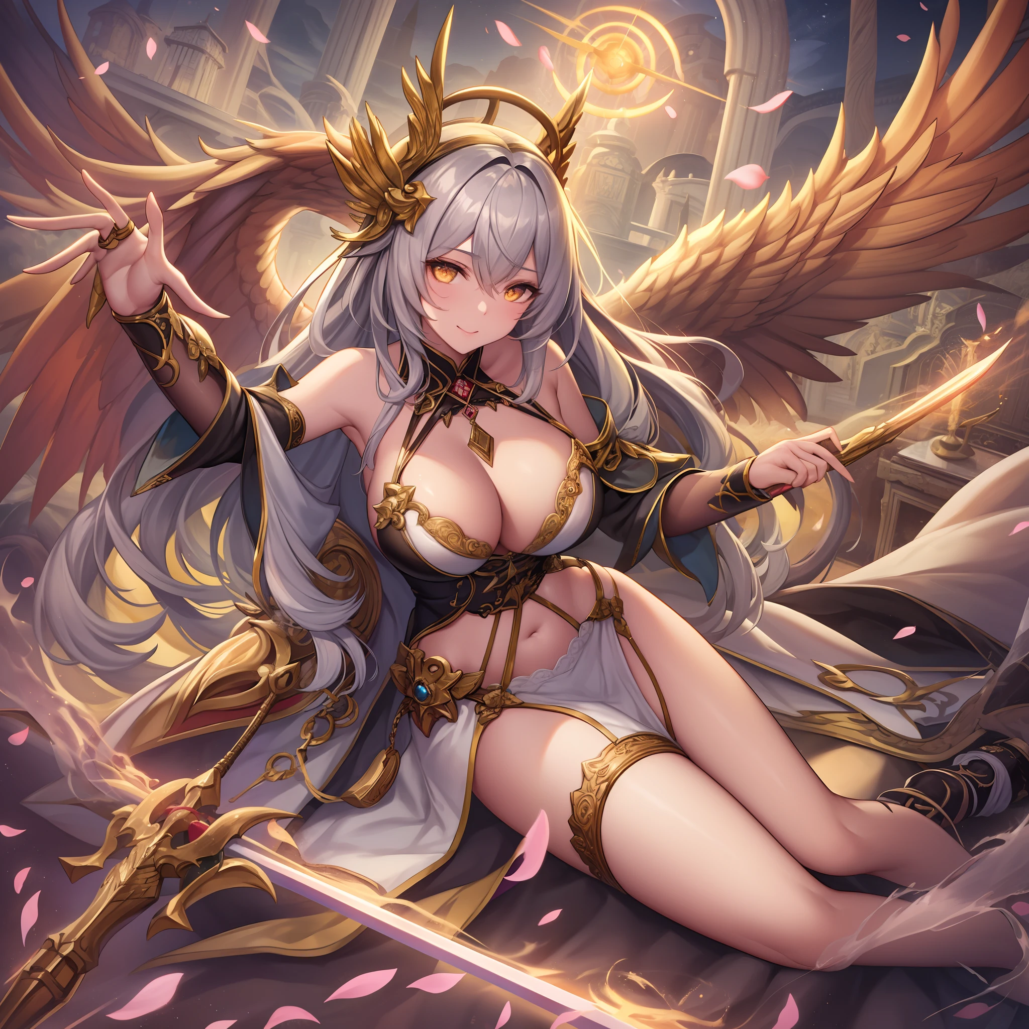best qualtiy,tmasterpiece,超A high resolution,(真实感:1.4),Fantasy,1girll,boobgasm,beautidful eyes(Brown Black),Relax,Hanfu,brunette color hair,Sword Fairy,Mystical energy,Long legs(fleshy feeling),Glowing skin,Sword,full body Esbian,flowy,Fluffy 1 Girl、nightcity、Sateen、Kimono without sleeves、A dark-haired、Holding a weapon with blood on it、Looking at the camera、Cherry blossoms are dancing,Unusually resistant、red blush、Looks distressed、Pleasant face、shrine maiden、valkyrie、Angel wings、a navel、sideboob barbosa、with an intricate、Particles of light、thighs thighs thighs thighs、shinny skin、Perfect litthing、1girl in、looking at the viewers、Winged headgear、pelvis curtain、A smile、(masterpiece)、(top-quality)、Very gigantic-breasts、maternal、Porcelain Skin、Very long hair、hair wavy、Royal sister,femele,A queen,putting on a crown,There are a lot of golden lightning around,sitting in a throne,Bangs cover the eyes,Black Suspender Socks,Black Lace Top,,High jump,Grab Erlang's leg,,Black Silk Top,married woman,mothers,domineering,smil,The corners of the mouth are raised,Red and gold eyes,Black silk erotic underwear,Black top,Black Silk Gloves,I have a gorse tattoo on my chest and thigh,There are many golden dragon scales on the arms,There are many golden dragon scales on the neck,Bright eye,dragon eyes,Snake's Eye,Upright pupils,There are golden stripes on the clothes,There is a golden pattern on the clothes,The socks have a golden pattern,tall figure,Expose the outside of the chest,Twisted blade hanging over the shoulder,Larger breasts ,With elongated dragon horns,Giant Golden Dragon Wings,Giant Golden Dragon Wings,Huge golden dragon wings as big as a body,The body is covered with huge golden dragon wings,golden pupils,Just a pair of wings,large wings,The biggest dragon wings,The biggest dragon wings,There are golden scales on the neck,Fingers are golden dragon claws,The elongated tail of the golden dragon、1girl in、nightcity、Sateen、Kimono without sleeves、A dark-haired、Holding a weapon with
