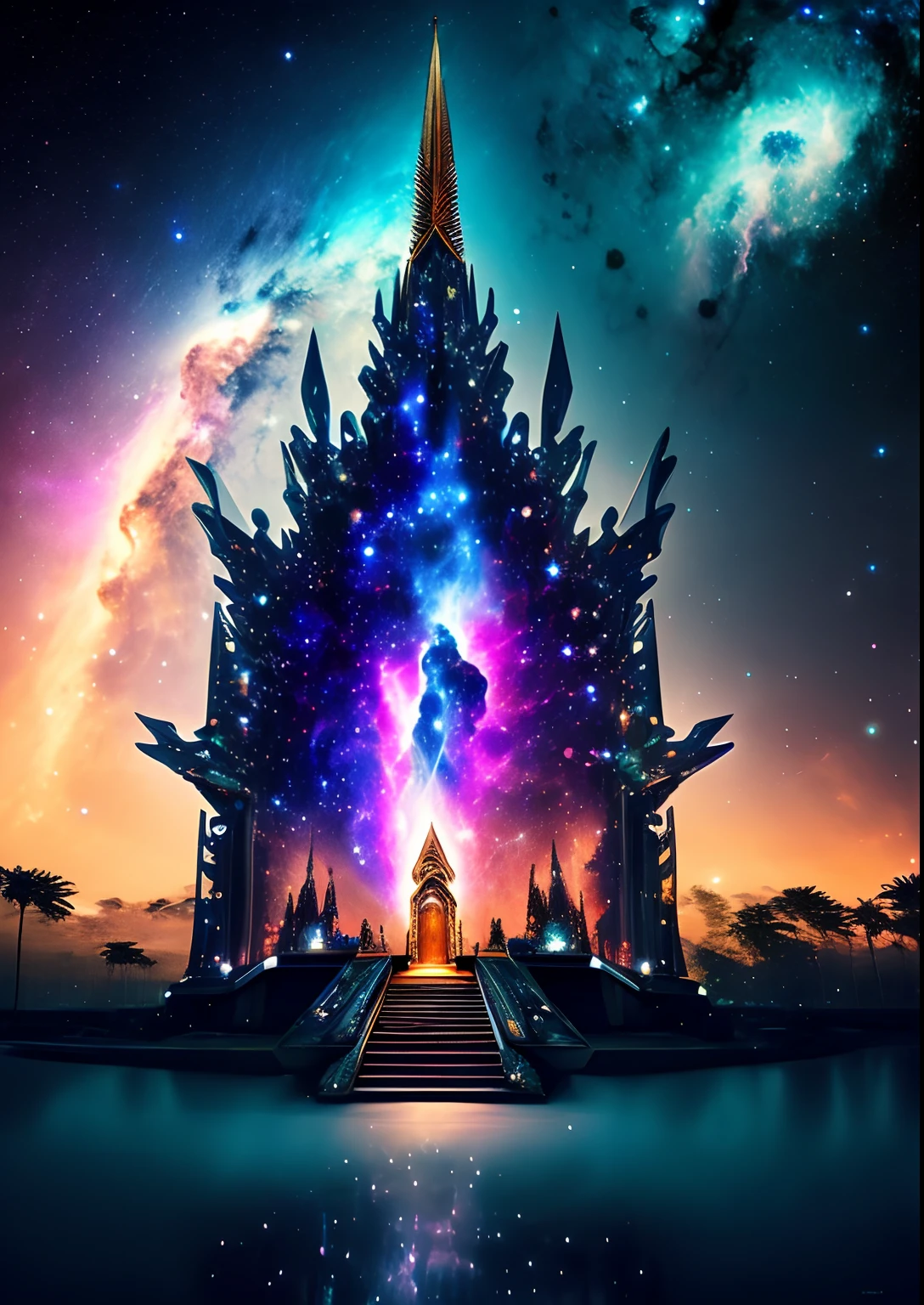 dreamlikeart, galaxy, outer space, nebula, star, [cyberpunked] Thai Church from the Stars (star:1.5),