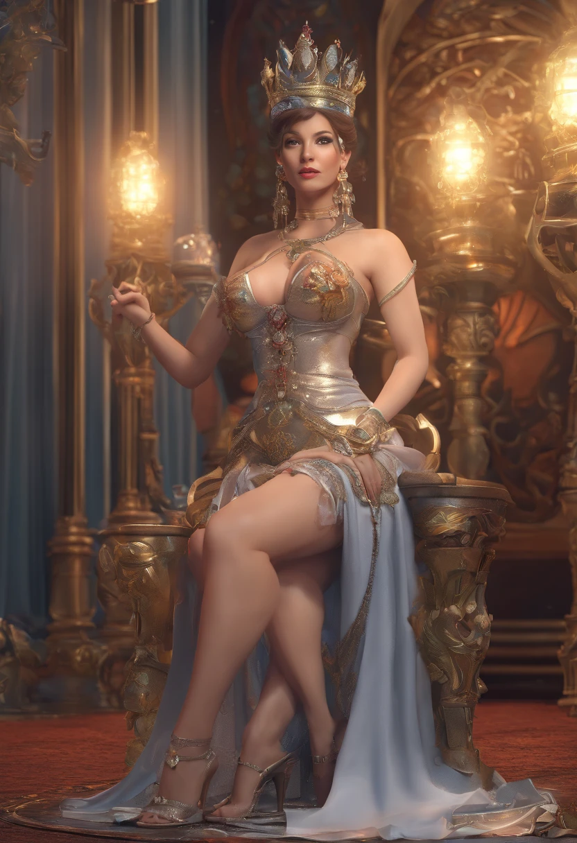 mystical queen, extremely detail, perky round boobs, full body, mystical clothing, busty, hour glass figure, thin waist, realistic quality, beautiful feet on show, full image, beautiful feet, beautiful toes, 3d animated, throne room, realistic lighting, realistic era, ultra realism, face jewellery, nose jewellery, earrings, necklace, lewd, body jewellery, full body image, mistress, mistress feet