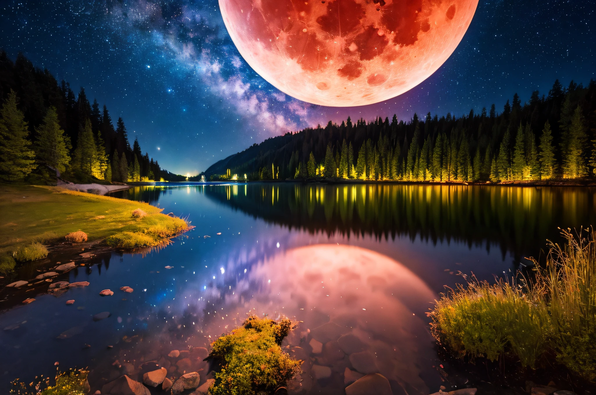 Red full moon, Milky Way, starry sky, rainbow, lake, reflection, (photorealistic:1.4), Best quality, 8k, Masterpiece, raw photo, wide angle lens