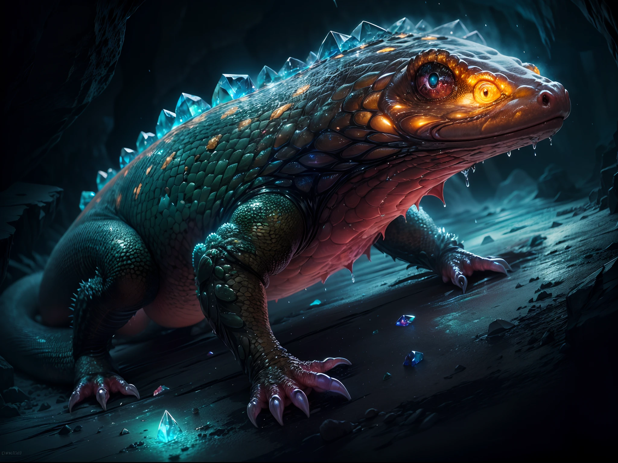 (full body image of a glowing giant crystal salamander, shining crystal scale, wet cave, dark cave, big crystal, gigantic mutant salamander, big glowing spike of crystal on back, detailed crystal cover the whole body of it,mysterious lighting, detailed eyes, detailed scales, surreal atmosphere, vibrant colors)