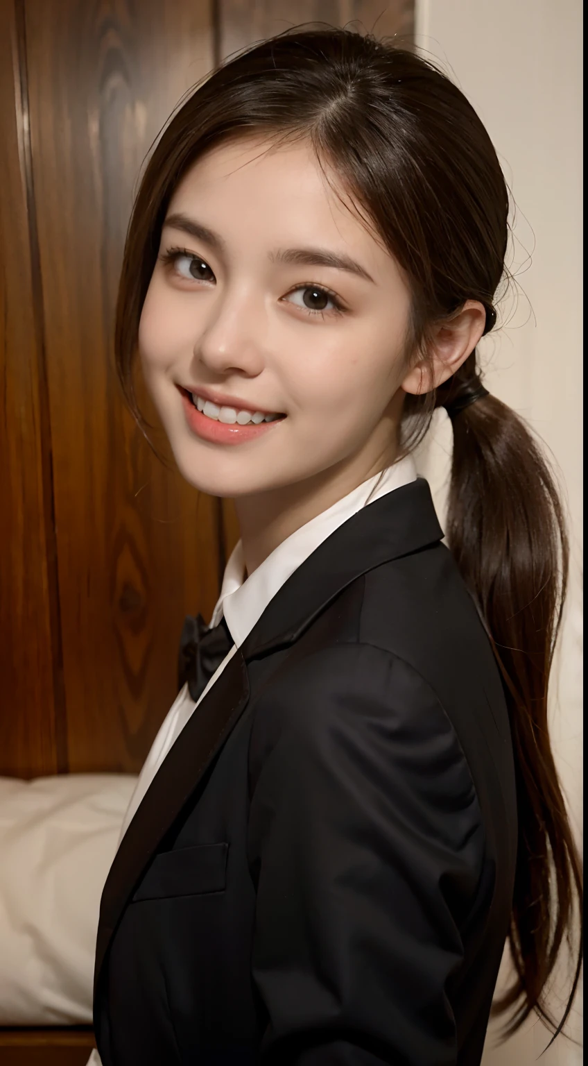 1 pretty girl，white skinned，brown  hair，looking at viewer，pony tail, happy smile, black suit, dynamic