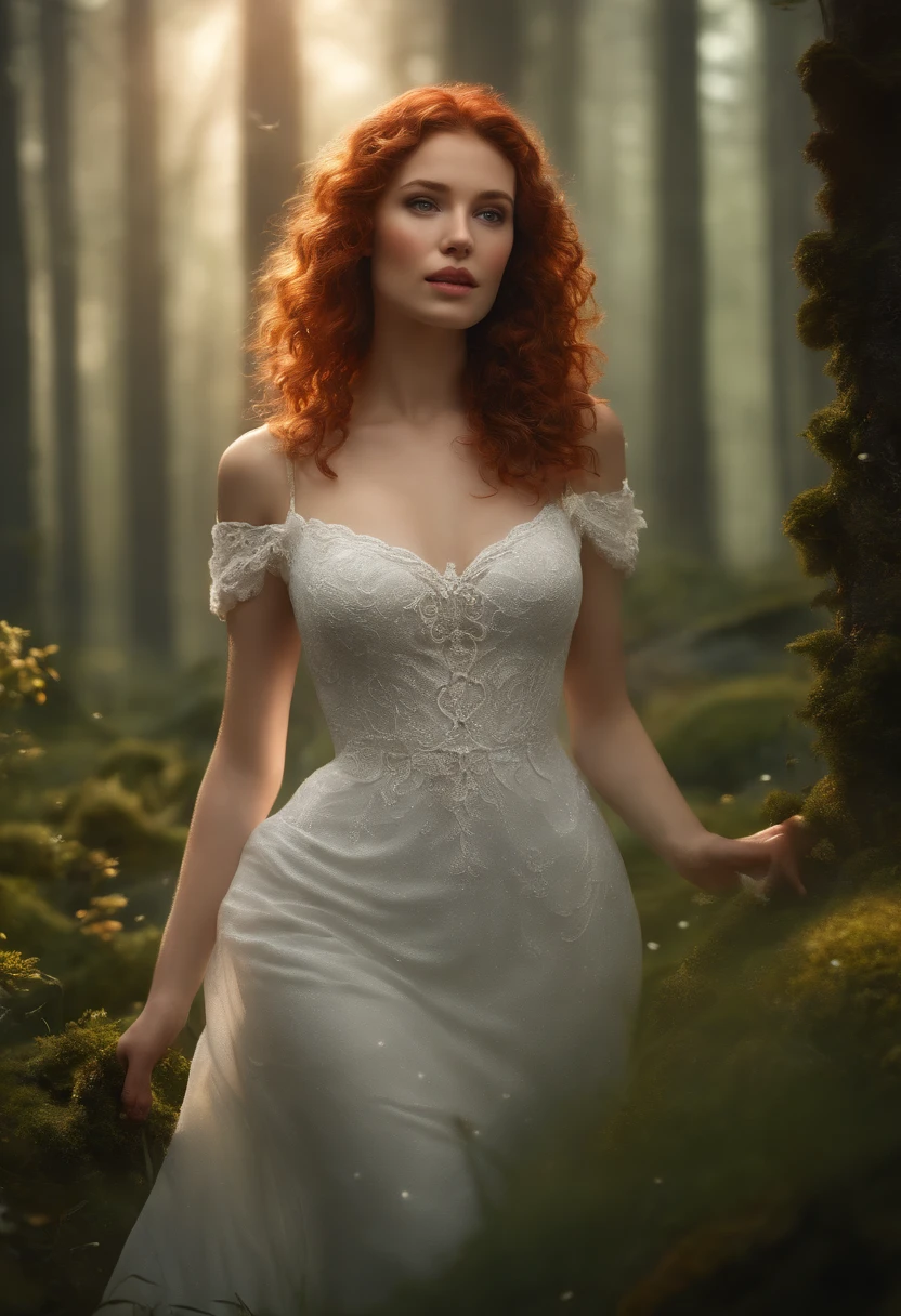 Cute woman in the drizzle, (elegant, Beautiful Face), Transparent white dress, Forest Moss, (freckles:0.8), Flower Field, , Curly Red Hair, Magical atmosphere, (short hair), ((Detailed skin, Skin Texture)), Ultra-detailed, (Exquisitely crafted, The finer details, Ultra-detailed), Ray Tracing, Scattered beneath the surface, (Fantasy underworld in the background), Diffused and soft lighting, Shallow depth of field, by (by Oliver Wetter), Sharp focus blur, (Realistic photo quality:1.4)