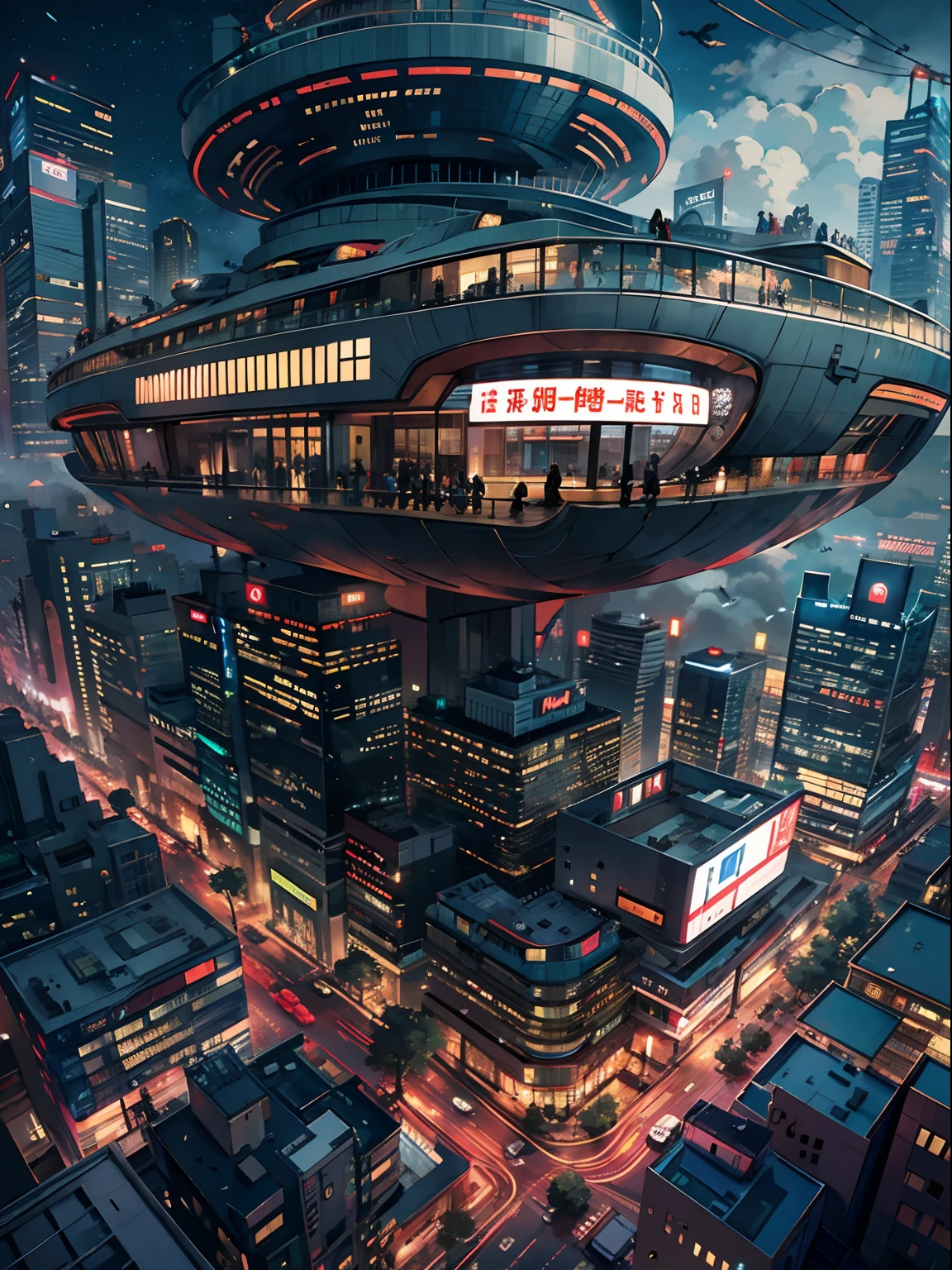 Very large flying ship、Lots of clouds,heavy fog、starrysky、Moon,Chaotic city of the future、Movie dystopia、A group of very tall skyscrapers stands in the center、Very complex cityscape,Crowded Chinese skyscrapers、street signs、streetlights、taxis、buses、Train、Pretty dim lighting、Dark road、puddles、Chaotic、Beautiful and fantastic scenery、Cinematic scenery、hightquality、masutepiece,in 8K、hight resolution、