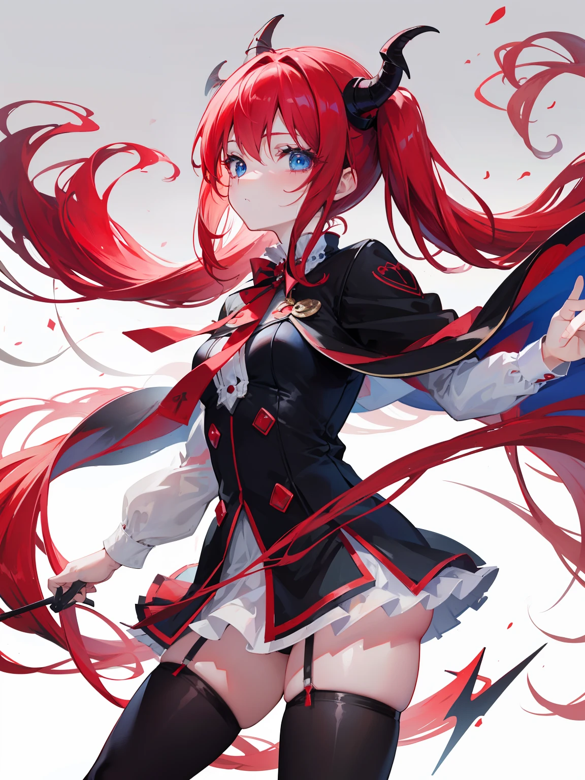 red hair,blue eyes,twintails, long hair, solo, loli, black stockings,{{best quality}}, {{masterpiece}}, {{ultra-detailed}}, {illustration}, {detailed light}, {an extremely delicate and beautiful},,cute,Succubus, demon,horns