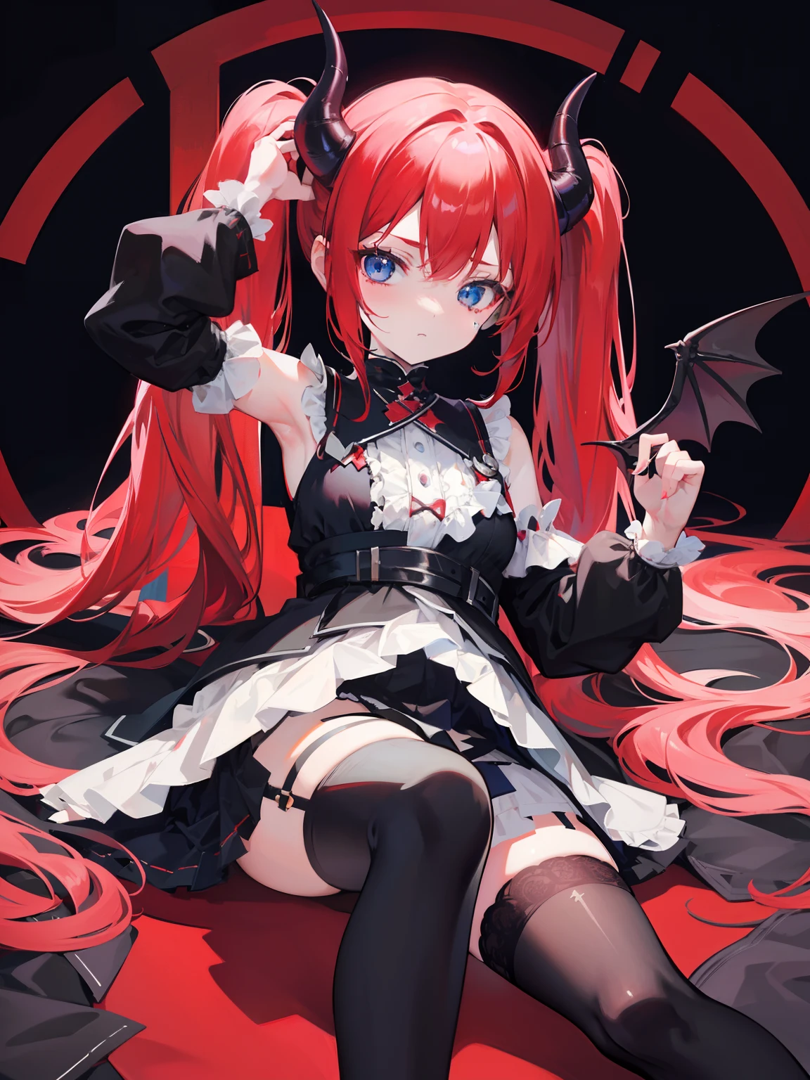 red hair,blue eyes,twintails, long hair, long sleeves, gothic, solo, loli,Short skirt, white stockings,{{best quality}}, {{masterpiece}}, {{ultra-detailed}}, {illustration}, {detailed light}, {an extremely delicate and beautiful}, girl,cute,dragon horns
