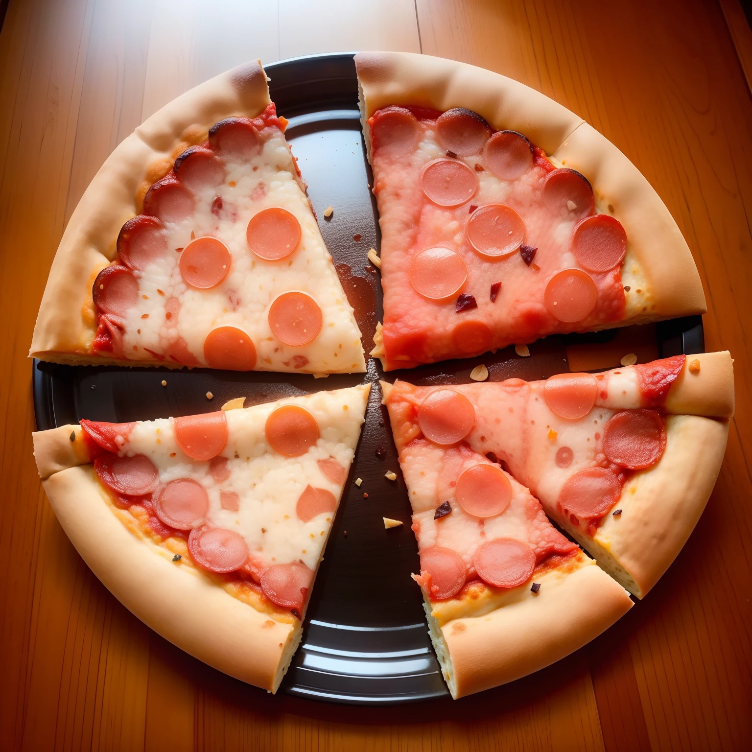 Pepperoni pizza, divided into 3 equal pieces, 真实感, overhead view
