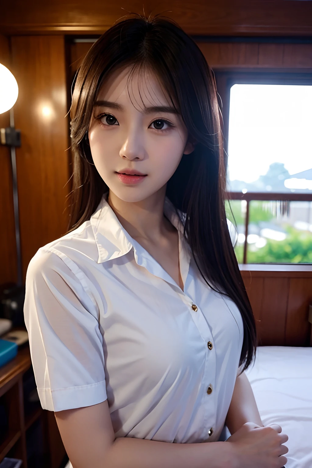 Fun run、(Reality Photos:1.4)、(Hyper-Realistic:1.4)、(Real Scene:1.3)、 (Smoother lighting:1.05)、(Improve light quality in movies:0.9)、32 k、 1girll、20 age、Realistic illumination、The light from the rear window is a backlight.、facial lighting、Ray Thrashing、(Increase the brightness of the light.:1.2)、(Favorable quality:1.4)、 (High-quality true texture)、delicate eyes、delicate face、 (debility、sleepy、satisfied:0.0)、Close-up of face、red water uniform:1.3、thai Idols、Nogisaka Idol、hposing gravure idol (Improves physical mood:1.1、Korean Idols、Nogisaka Idol、hposing gravure idol、Shoot yourself.