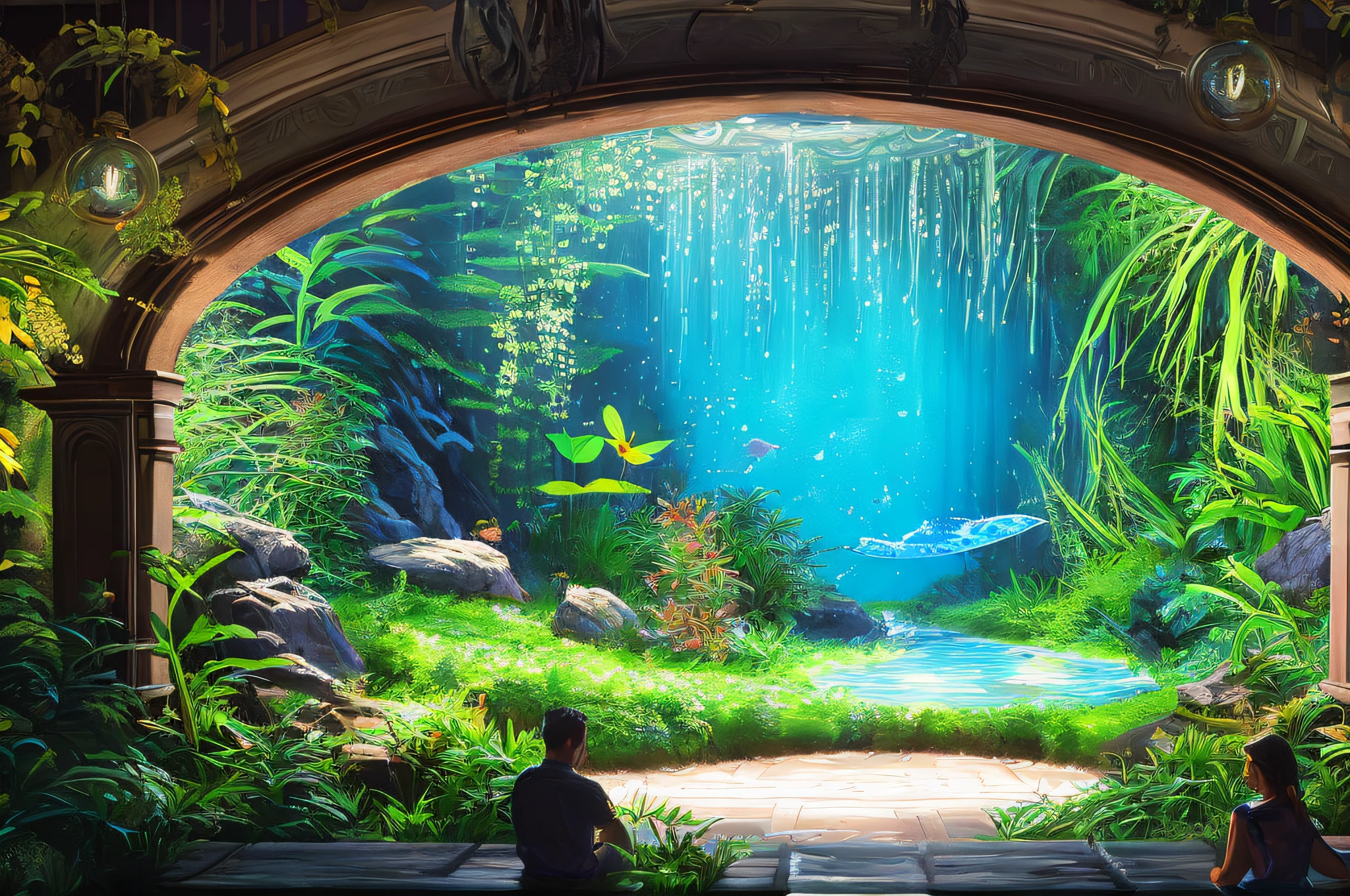 scene of aquarium, 3 people, tranquil , night, 10am sunlight, glow, scenery concept art, overgrowth. by Renoir , relaxing concept art, traditional classic concept art, a beautiful artwork illustration. high detail, background art, detailed concept art, environment design illustration, concept art highly detailed