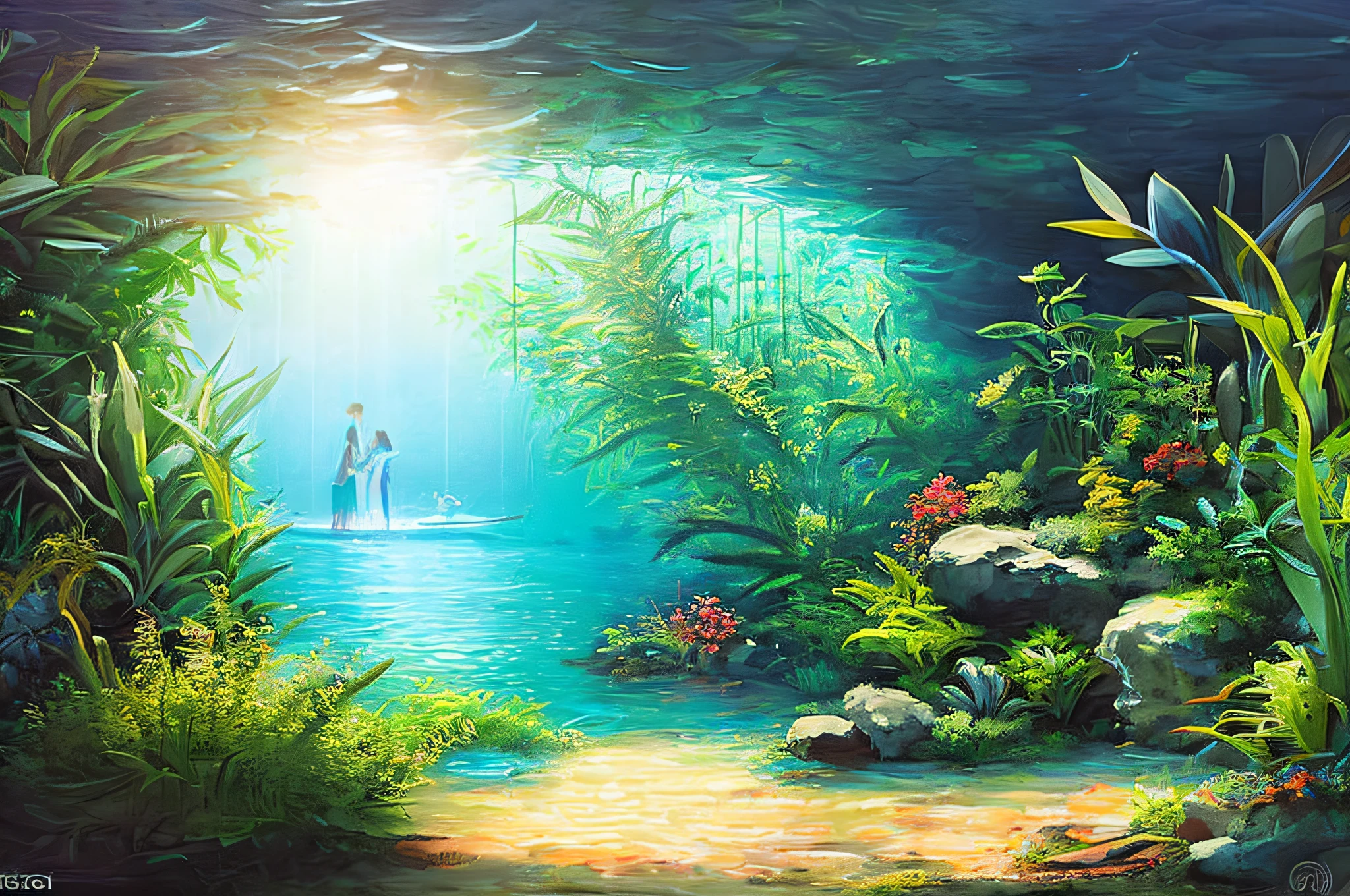 scene of aquarium, 3 people, tranquil , night, 10am sunlight, glow, scenery concept art, overgrowth. by Renoir , relaxing concept art, traditional classic concept art, a beautiful artwork illustration. high detail, background art, detailed concept art, environment design illustration, concept art highly detailed