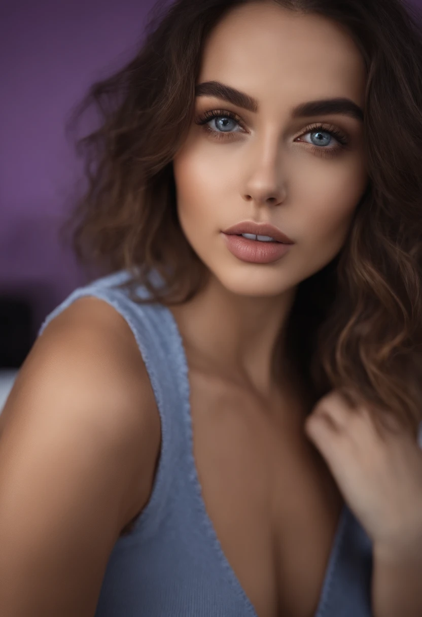 Arafed woman with matching tank top and panties, fille sexy aux yeux bleus, Portrait Sophie Mudd, cheveux bruns et grands yeux, NSFW (en anglais seulement), selfie of a young woman, Yeux de chambre, Violet Myers, sans maquillage, maquillage naturel, looking straight at camera, Visage avec Artgram, Maquillage subtil, Superbe photo du corps entier, clivage, at the nightclub