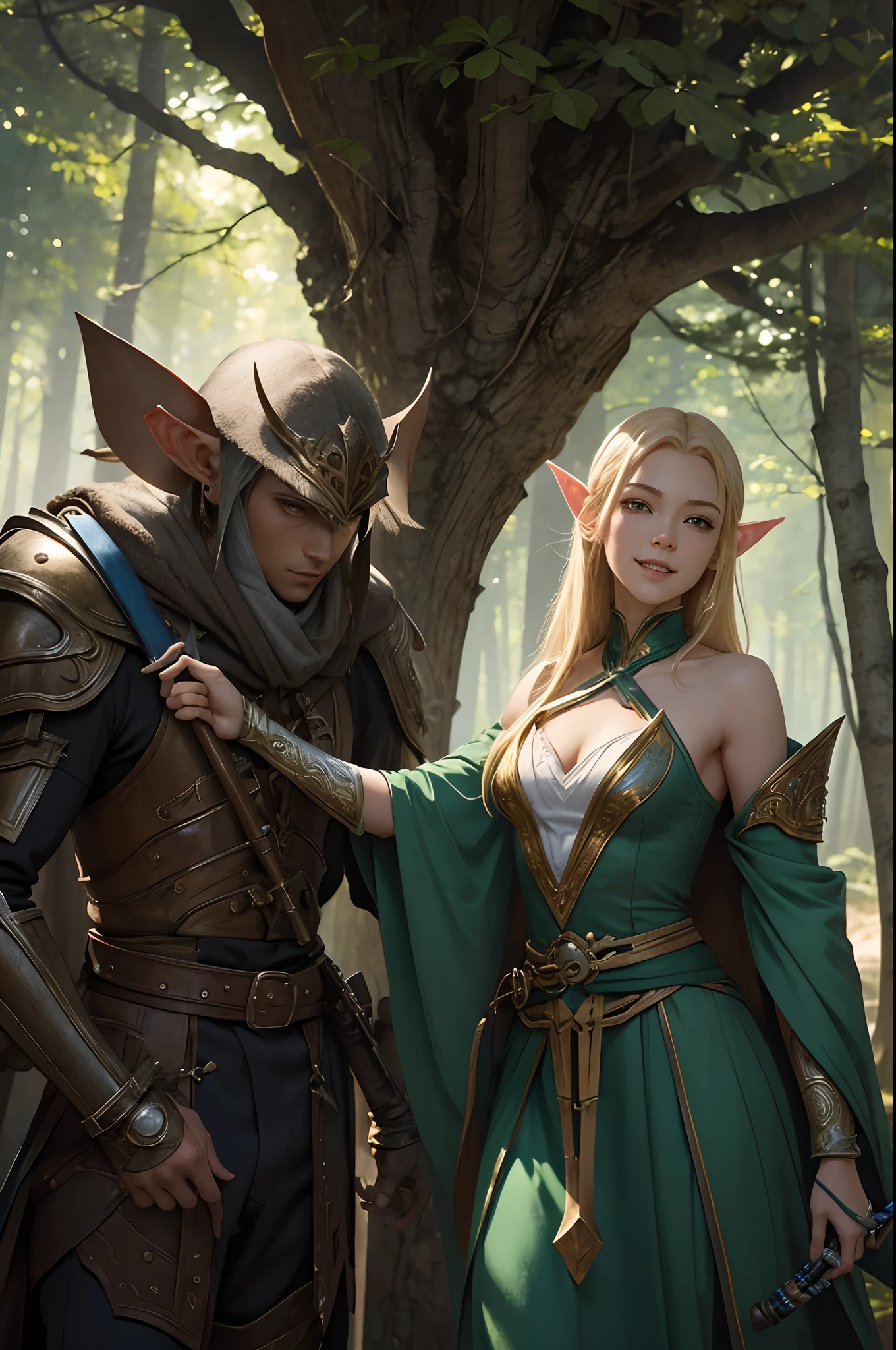 Art by Katsuya Terada, Art by Renji Murata, Art by Akihiko Yoshida, art by Akiman, Full body portrait of cute and beautiful slender elven girl with a smile, pointed ears, Green dress with blue chest armor and shoulder pads, Long beautiful blonde hair, In the woods with a rapier at his waist, cinematic lighting, highly detailed, ray tracing, digital painting, concept art, smooth, sharp focus, illustration, 8k
