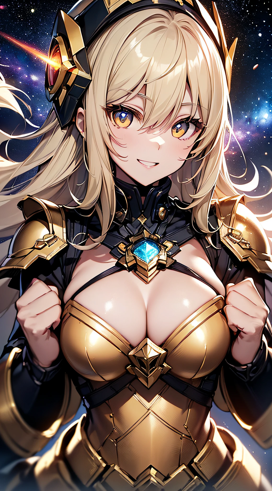 top-quality、Top image quality、masterpiece、girl with((18year old、Cosmic Metallic Armor、Best Bust、Bust 90、a blond、Semi-long、Glowing eyes、open chest wide、Valley、Happiness、Luminous Chain Accessories、Cosmic Accessories、weightless、fists up、The best smile、Laser from both hands,top down、Reflecting the whole body、Looking up at the viewer)hiquality、visualart、Background with(spaces、stele々、kosmos))、masutepiece、Best graphics、Super delicate