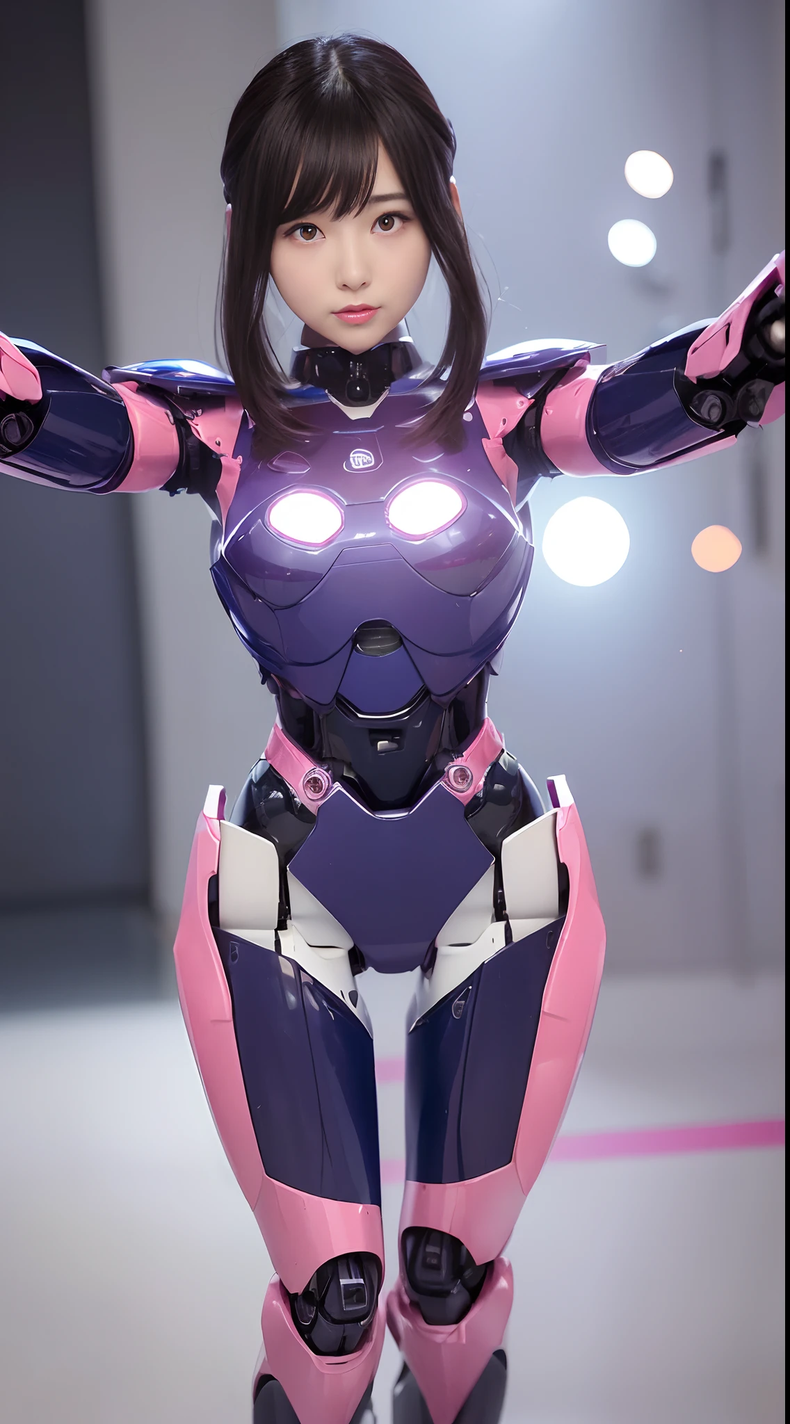 (Photorealsitic:1.4)、one girl、(top-quality)、(hyperdetailed face)、(Super well-formed face)、((Robot Parts))、(Female-Robot)、(22 years-old)、(Blue)、(pink there)、(Burgundy)、(metallic)、(full-body)、(sexy  pose)、(Slender body)、(Model body type)、(full body mech)、(mechanical exposure)、(Akihabara)、(is looking at the camera)、(A dark-haired)、(Well-proportioned lady)、(a small face)、(well-groomed fingers)、(Idol)、(front facing)、(Standing with legs open)、(Banzai pose with open arms)、(Photo session)、(Looks sad)、(perfect-female-robot)