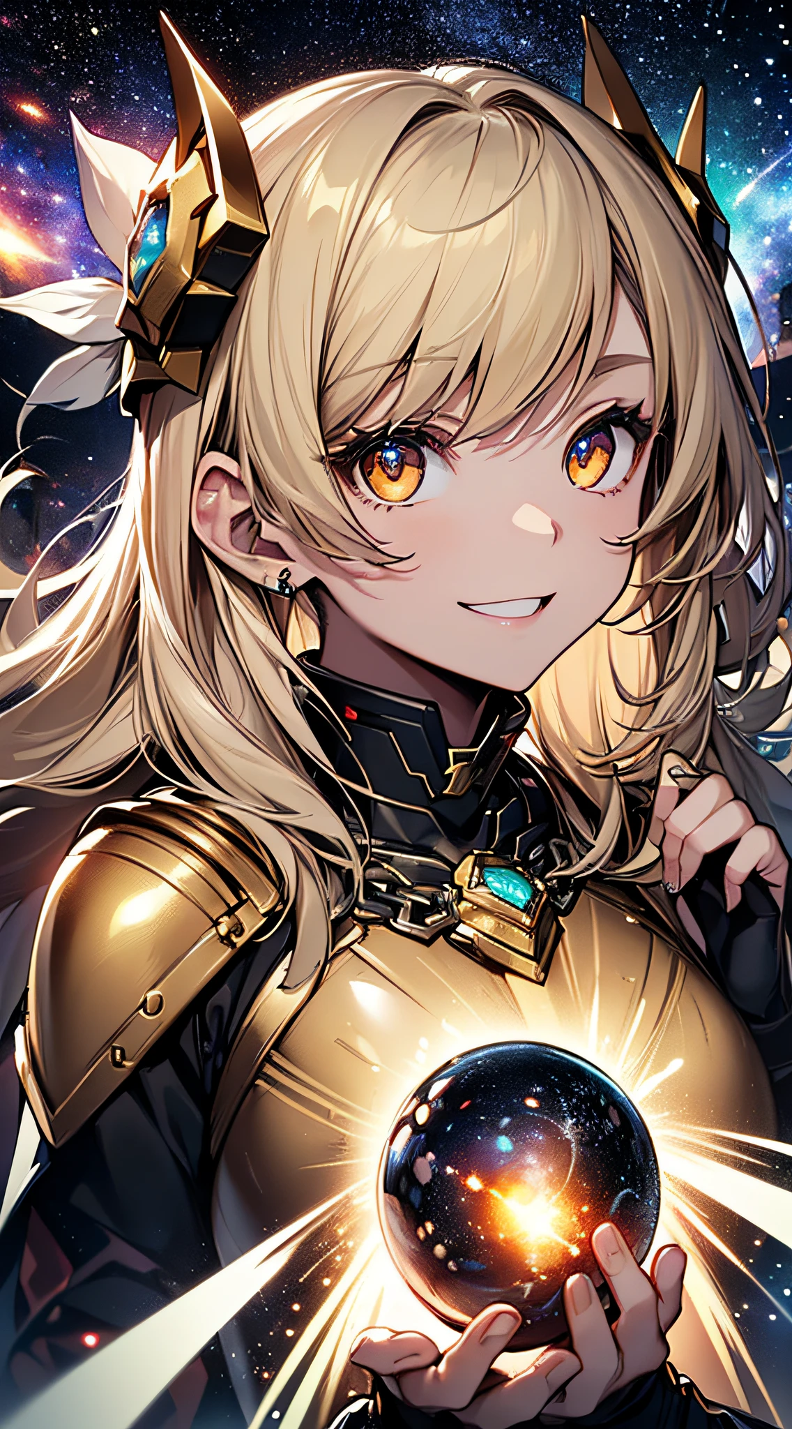 top-quality、Top image quality、​masterpiece、girl with((18year old、Cosmic Metallic Armor、Best Bust、Bust 90、a blond、Semi-long、Glowing eyes、open chest wide、Valley、Happiness、Luminous Chain Accessories、Cosmic Accessories、weightless、fists up、The best smile、Laser from both hands,top down、Reflecting the whole body、Looking up at the viewer）hiquality、visualart、Background with(spaces、stele々、kosmos))、masutepiece、Best graphics、Super delicate