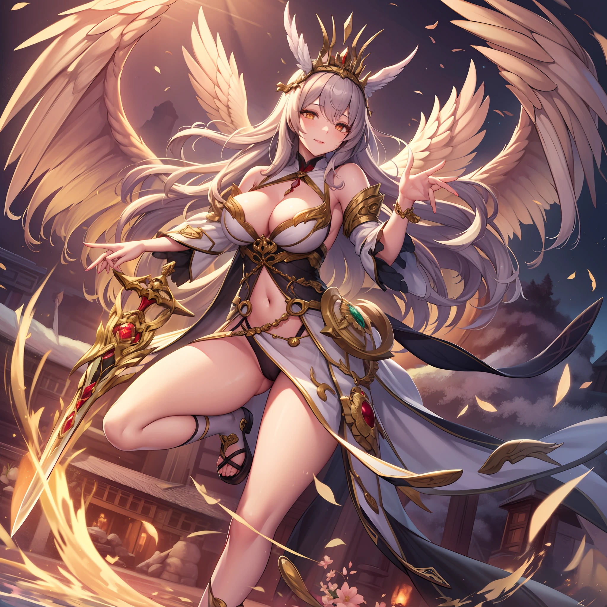 best qualtiy，tmasterpiece，超A high resolution，（真实感：1.4），Fantasy，1girll，boobgasm，beautidful eyes（Brown Black），relax，Hanfu，brunette color hair，Sword Fairy，Mystical energy，Long legs（fleshy feeling），Glowing skin，Sword，full body Esbian，flowy，Fluffy 1 individual、nightcity、Sateen、Kimono without sleeves、A dark-haired、Holding a weapon with blood on it、Looking at the camera、Cherry blossoms are dancing，Unusually resistant、red blush、Looks distressed、Pleasant face、shrine maiden、valkyrie、Angel wings、a navel、sideboob barbosa、with an intricate、Particles of light、thighs thighs thighs thighs、shinny skin、Perfect litthing、1girl in、looking at the viewers、Winged headgear、pelvis curtain、A smile、(​masterpiece)、(top-quality)、Very gigantic-breasts、maternal、Porcelain Skin、Very long hair、hair wavy、Royal sister，femele，A queen，putting on a crown，There are a lot of golden lightning around，sitting in a throne，Bangs cover the eyes，Black Suspender Socks，Black Lace Top，，High jump，Grab Erlang's leg，，Black Silk Top，married woman，mothers，domineering，smil，The corners of the mouth are raised，Red and gold eyes，Black silk erotic underwear，Black top，Black Silk Gloves，I have a gorse tattoo on my chest and thigh，There are many golden dragon scales on the arms，There are many golden dragon scales on the neck，Bright eye，dragon eyes，Snake's Eye，Upright pupils，There are golden stripes on the clothes，There is a golden pattern on the clothes，The socks have a golden pattern，tall figure，Expose the outside of the chest，Twisted blade hanging over the shoulder，Larger breasts ，With elongated dragon horns，Giant Golden Dragon Wings，Giant Golden Dragon Wings，Huge golden dragon wings as big as a body，The body is covered with huge golden dragon wings，golden pupils，Just a pair of wings，large wings，The biggest dragon wings,The biggest dragon wings，There are golden scales on the neck，Fingers are golden dragon claws，The elongated tail of the golden dragon、1girl in、nightcity、Sateen、Kimono without sleeves、A dark-haired、Holding a weapo