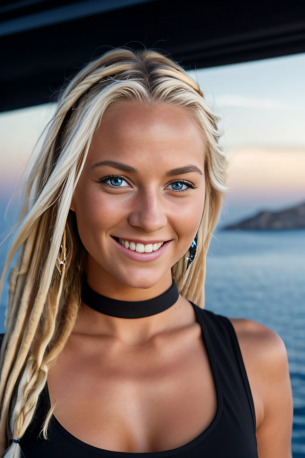 A stunning night close-up picture of the face of Elsa Karlsson smiling, a swedish model with blue eyes and blonde dreadlocks, wearing a black short dress that reveals her fit beautiful body, she is in a club partying close to the Mediterranean sea, rocky islands on the background and white clouds in the black night sky. Canon eos 2000 d