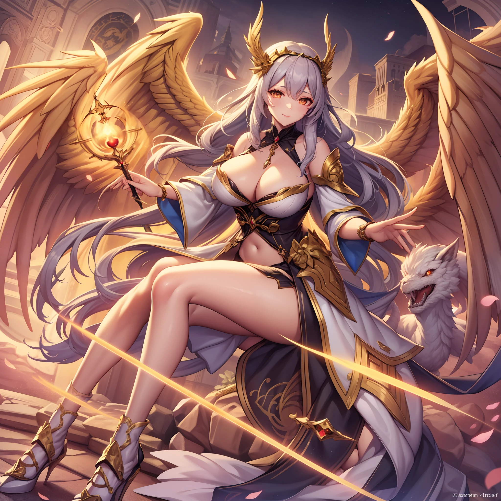 best qualtiy，tmasterpiece，超A high resolution，（真实感：1.4），Fantasy，1girll，boobgasm，beautidful eyes（Brown Black），relax，Hanfu，brunette color hair，Sword Fairy，Mystical energy，Long legs（fleshy feeling），Glowing skin，Sword，full body Esbian，flowy，Fluffy 1 individual、nightcity、Sateen、Kimono without sleeves、A dark-haired、Holding a weapon with blood on it、Looking at the camera、Cherry blossoms are dancing，Unusually resistant、red blush、Looks distressed、Pleasant face、shrine maiden、valkyrie、Angel wings、a navel、sideboob barbosa、with an intricate、Particles of light、thighs thighs thighs thighs、shinny skin、Perfect litthing、1girl in、looking at the viewers、Winged headgear、pelvis curtain、A smile、(​masterpiece)、(top-quality)、Very gigantic-breasts、maternal、Porcelain Skin、Very long hair、hair wavy、Royal sister，femele，A queen，putting on a crown，There are a lot of golden lightning around，sitting in a throne，Bangs cover the eyes，Black Suspender Socks，Black Lace Top，，High jump，Grab Erlang's leg，，Black Silk Top，married woman，mothers，domineering，smil，The corners of the mouth are raised，Red and gold eyes，Black silk erotic underwear，Black top，Black Silk Gloves，I have a gorse tattoo on my chest and thigh，There are many golden dragon scales on the arms，There are many golden dragon scales on the neck，Bright eye，dragon eyes，Snake's Eye，Upright pupils，There are golden stripes on the clothes，There is a golden pattern on the clothes，The socks have a golden pattern，tall figure，Expose the outside of the chest，Twisted blade hanging over the shoulder，Larger breasts ，With elongated dragon horns，Giant Golden Dragon Wings，Giant Golden Dragon Wings，Huge golden dragon wings as big as a body，The body is covered with huge golden dragon wings，golden pupils，Just a pair of wings，large wings，The biggest dragon wings,The biggest dragon wings，There are golden scales on the neck，Fingers are golden dragon claws，The elongated tail of the golden dragon、1girl in、nightcity、Sateen、Kimono without sleeves、A dark-haired、Holding a weapo