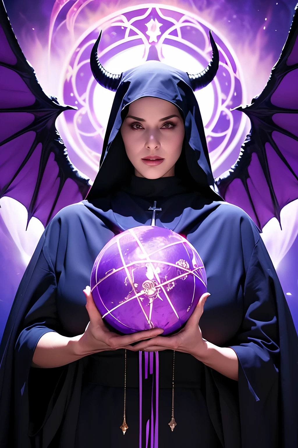 Lisa Ann: The evil nun, Demon horn, Demon wings on the head , sexy robe de nonne, His hands preparing a sphere of purple energy, diabolique, insidieux, His powerful magic hits the buildings of a city , Context of the Satanic Church, detailled eyes, detailed hands