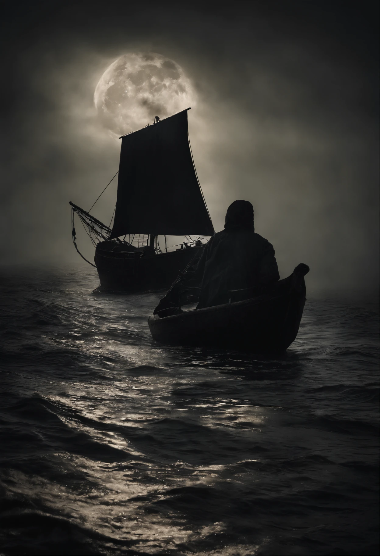 "Standing atop his ship, a dark and mysterious Pirate captain, utterly desolate, his face etched with profound sorrow and despair, adorned with a thick beard and a captain's hat. Sailing through misty seas, clutching a flickering candle that casts a feeble light, revealing only half of his face, he is shrouded in profound loneliness. The atmosphere is enshrouded in an eerie, surrealistic, and mysterious marine landscape, where the moonlight barely penetrates the haunting mist. The seascape is both strange and ethereal, with a haunting, ominous aura. The solitary captain navigates silently through the unknown, his candle's flickering light barely illuminating the invisible dangers lurking in the mist. Curiosity and uncertainty envelop him as he embarks on this enchanted journey through the darkness. His silhouette appears as a dark, veiled mystery, revealing only half of his face. Distant echoes of the sea and whispering winds add to the mysterious mist that cloaks the scene. The supernatural beauty of the surroundings is both calm and eerie, reflecting the moon's ghostly glow on the water's surface. Dark waves crash against the ship, majestic yet sinister. He sails quietly into the unknown, alone on night watch, on the brink of a dream, with stories hidden in the mist and shadows dancing in the candlelight. It's an incessant journey into darkness, filled with a sense of anticipation and apprehension, as veiled secrets and hidden truths lie in the unfathomable depths. The path through the mist is uncertain, and the beauty within it remains invisible."