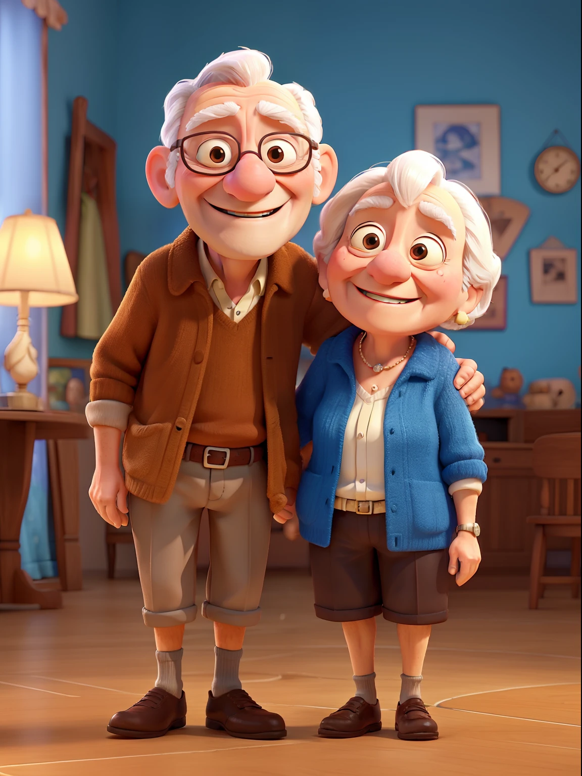 An award winning image of an adorable smiling old couple, in the style of Aardman Animations, Arthur Boyd, Picasso, 3d rendered, soft lighting